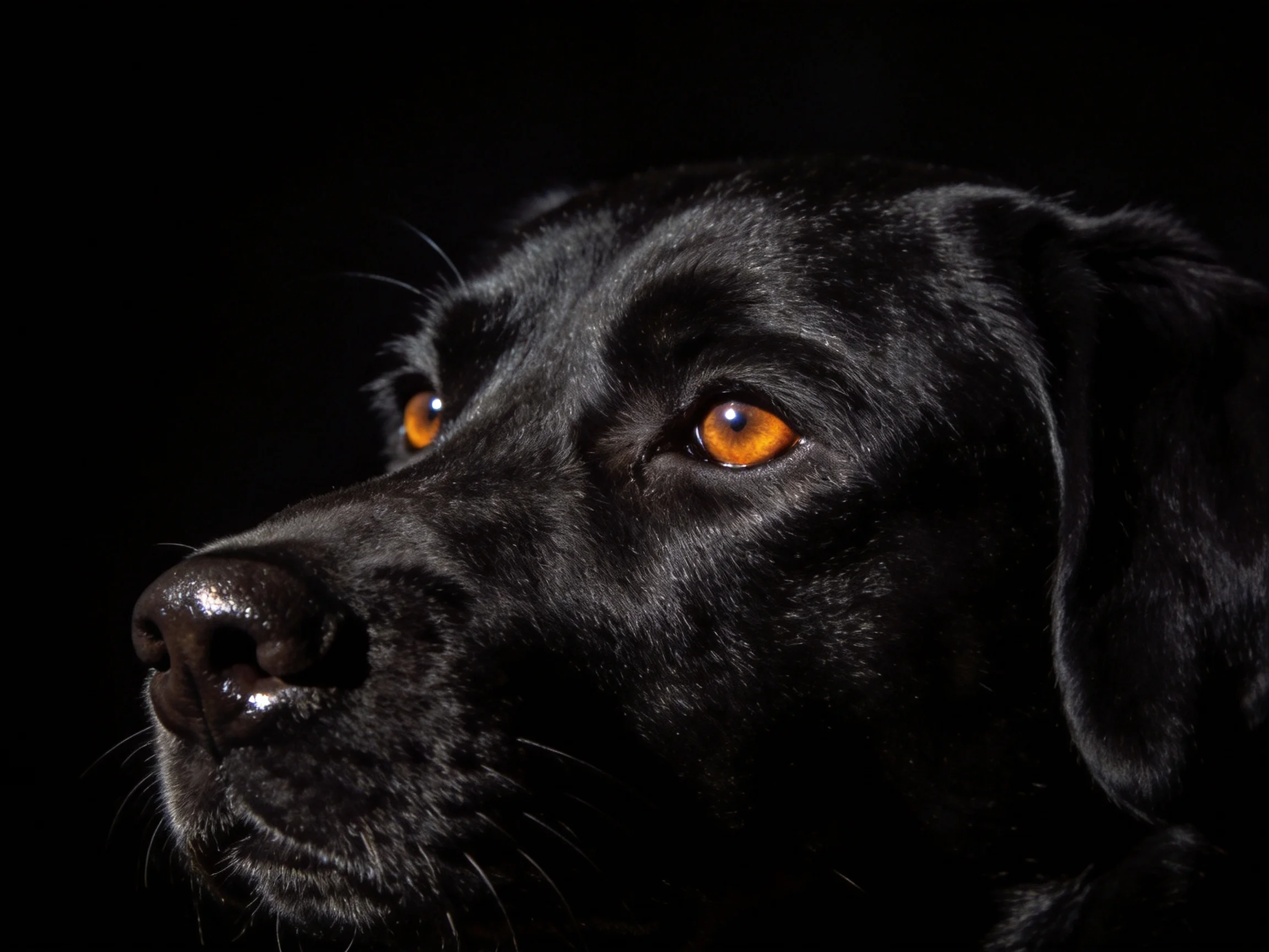 A close - up of a black dog with amber eyes against a dark background.