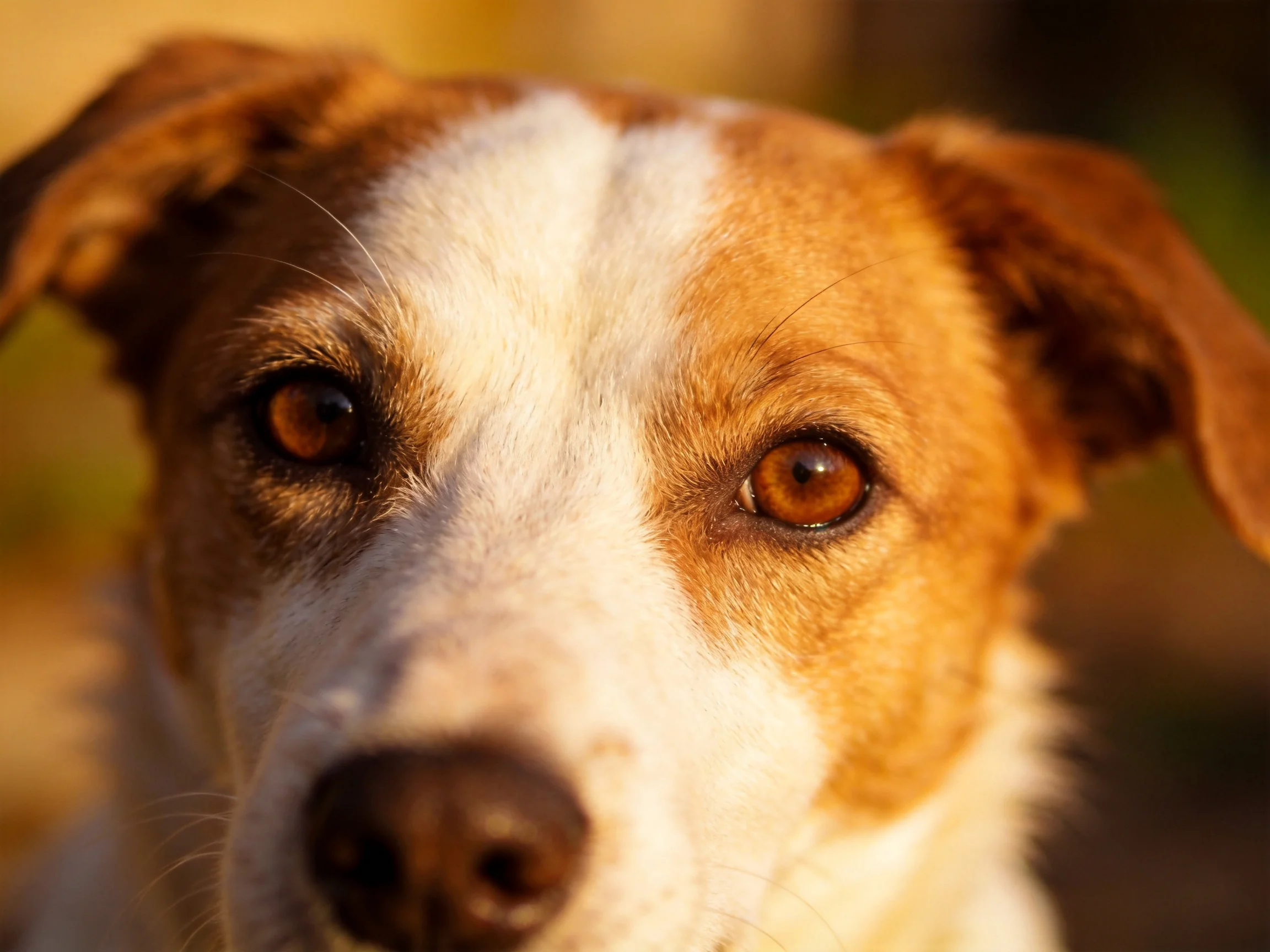 A brown and white dog with amber eyes looks directly at the camera.