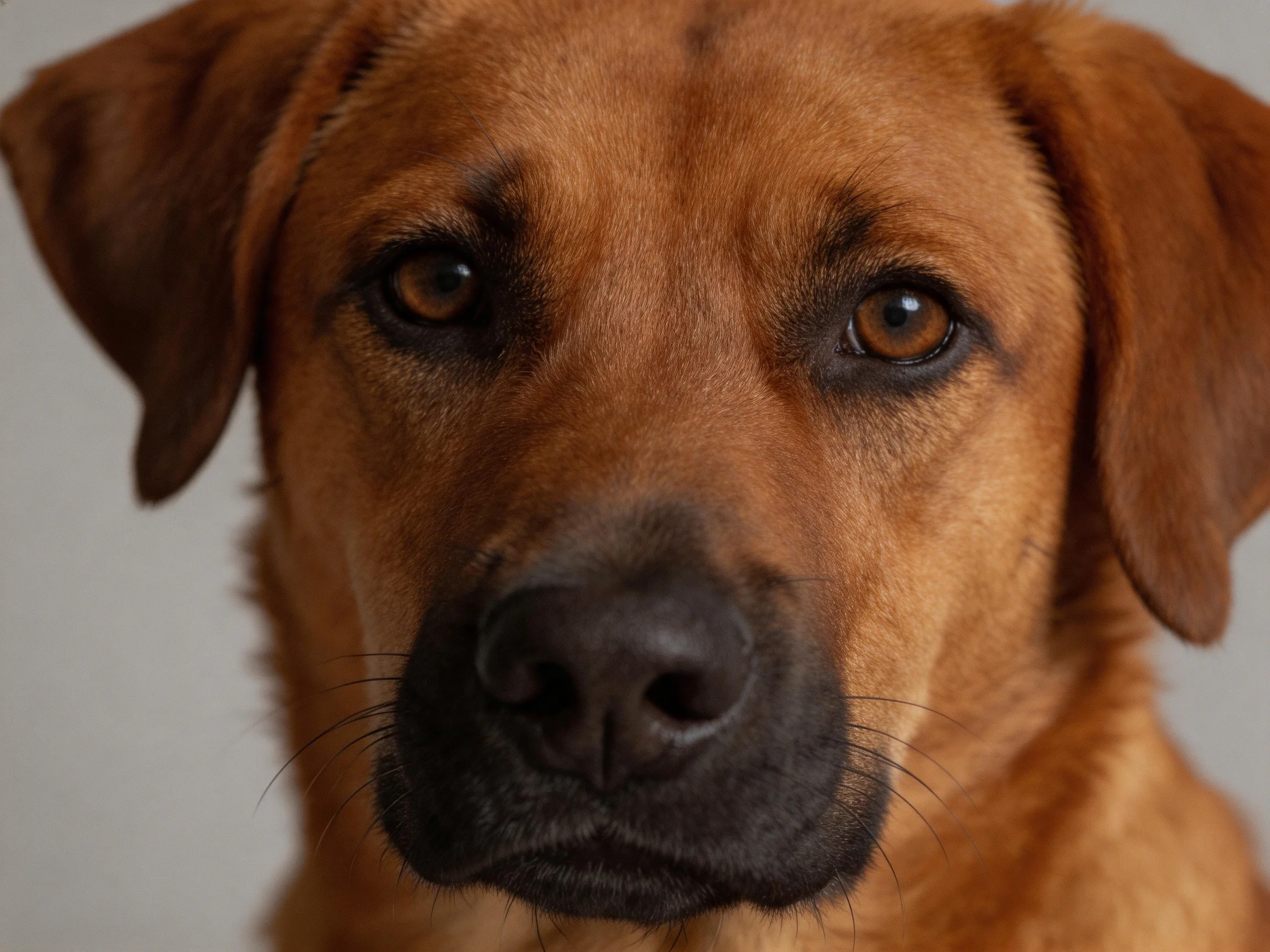 A brown dog with expressive amber eyes is shown in a close - up.