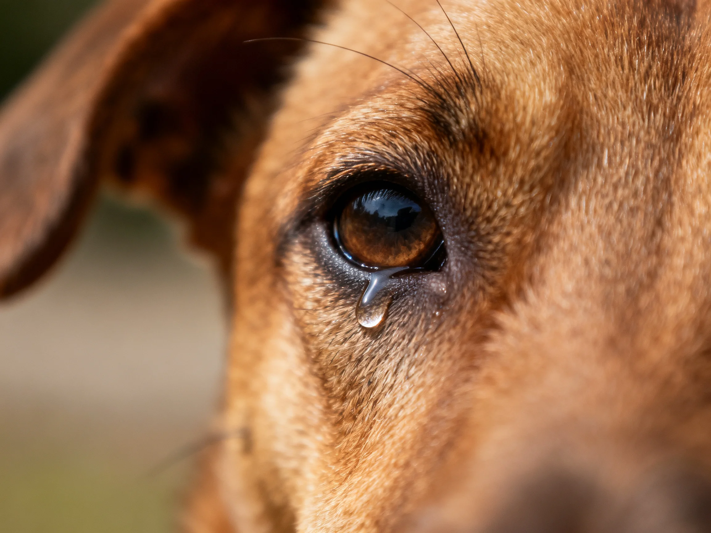 A brown dog’s eye shows a tear drop, conveying emotion.