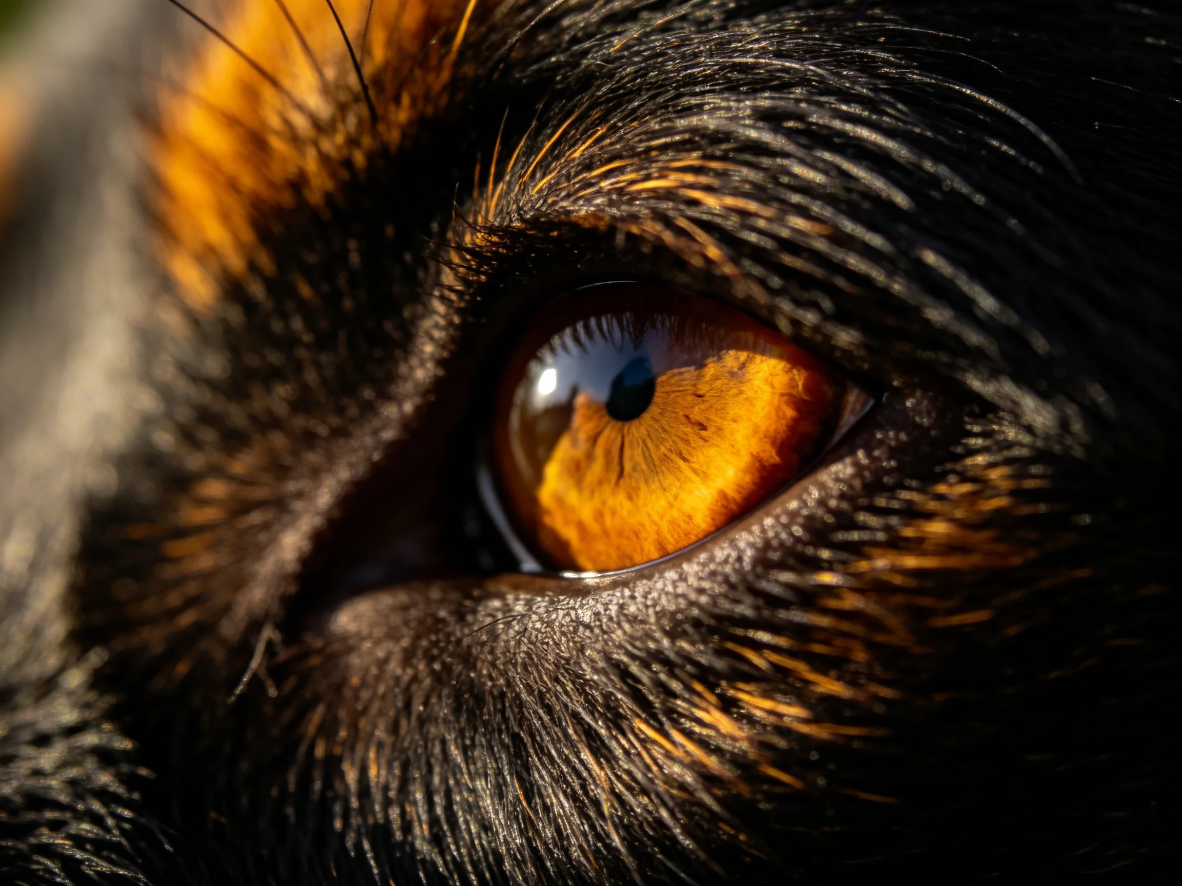 Close - up of a cat’s amber eye with dark fur accents