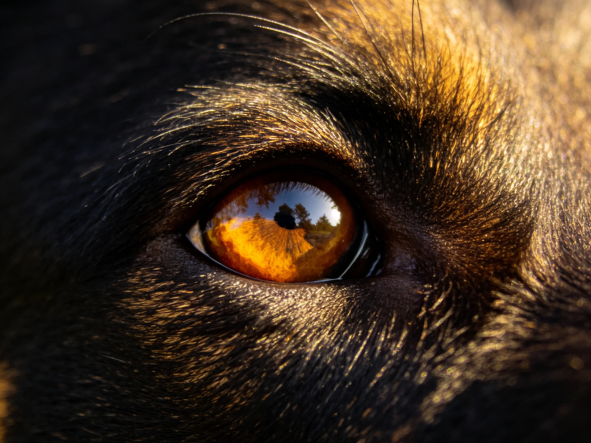 Close - up of a dog’s amber eye reflecting golden surroundings