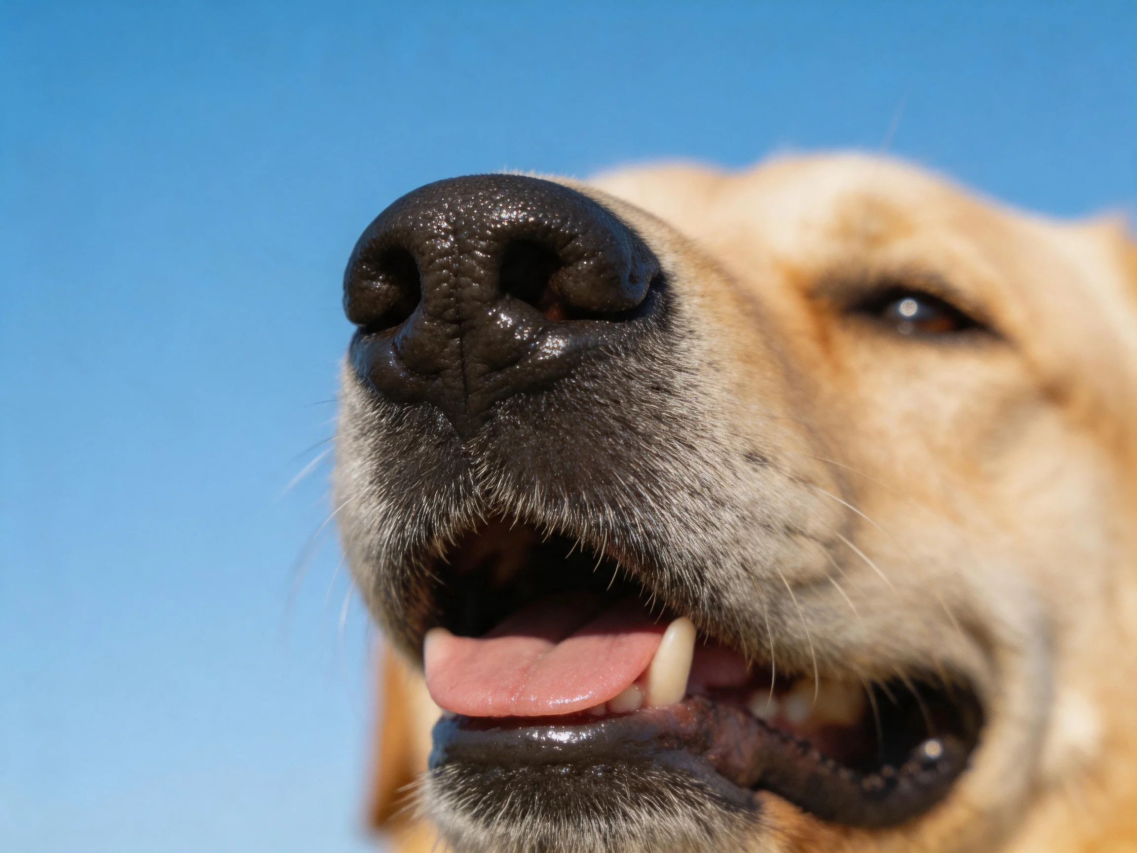 Close - up of a golden retriever’s snout and open mouth against a clear blue sky