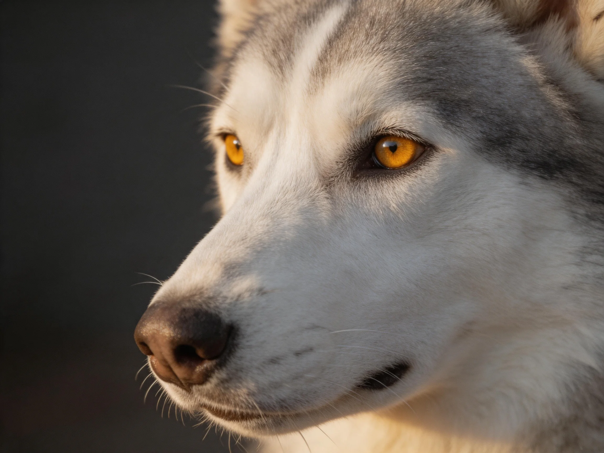 Close - up of a gray - and - white husky dog with bright amber eyes