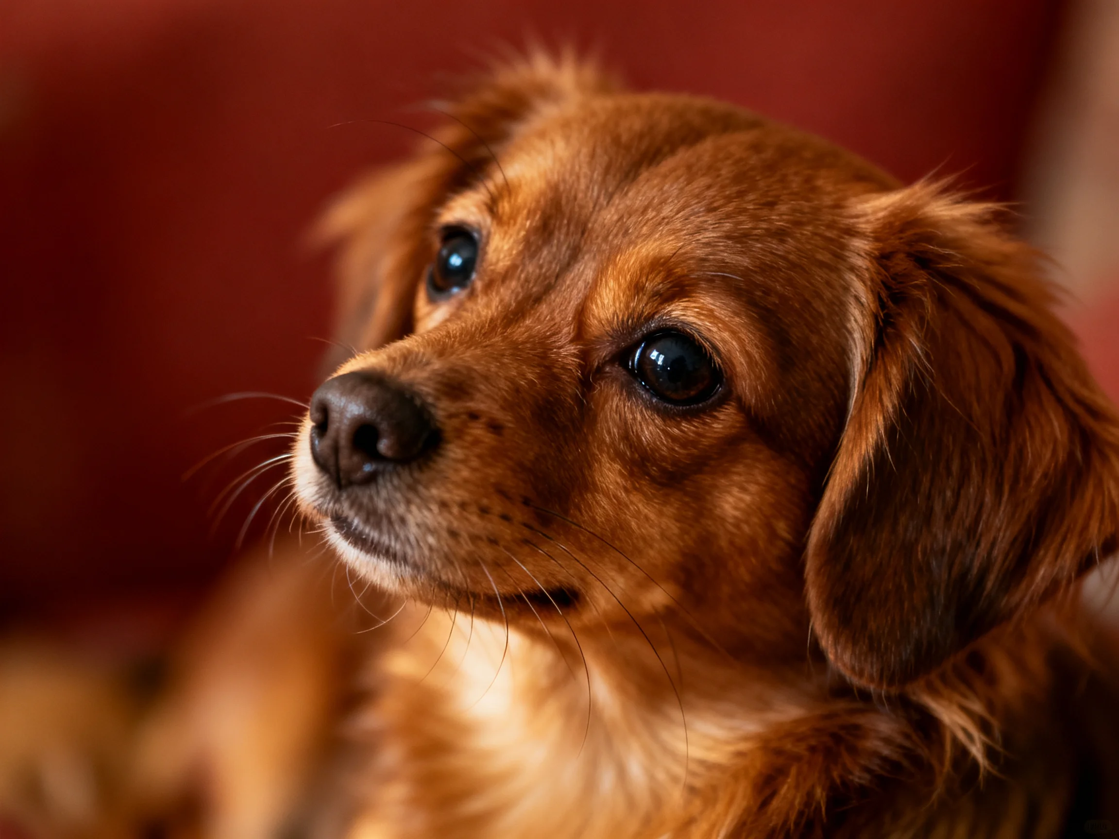 A small brown dog is featured in a close - up with a blurred red background.