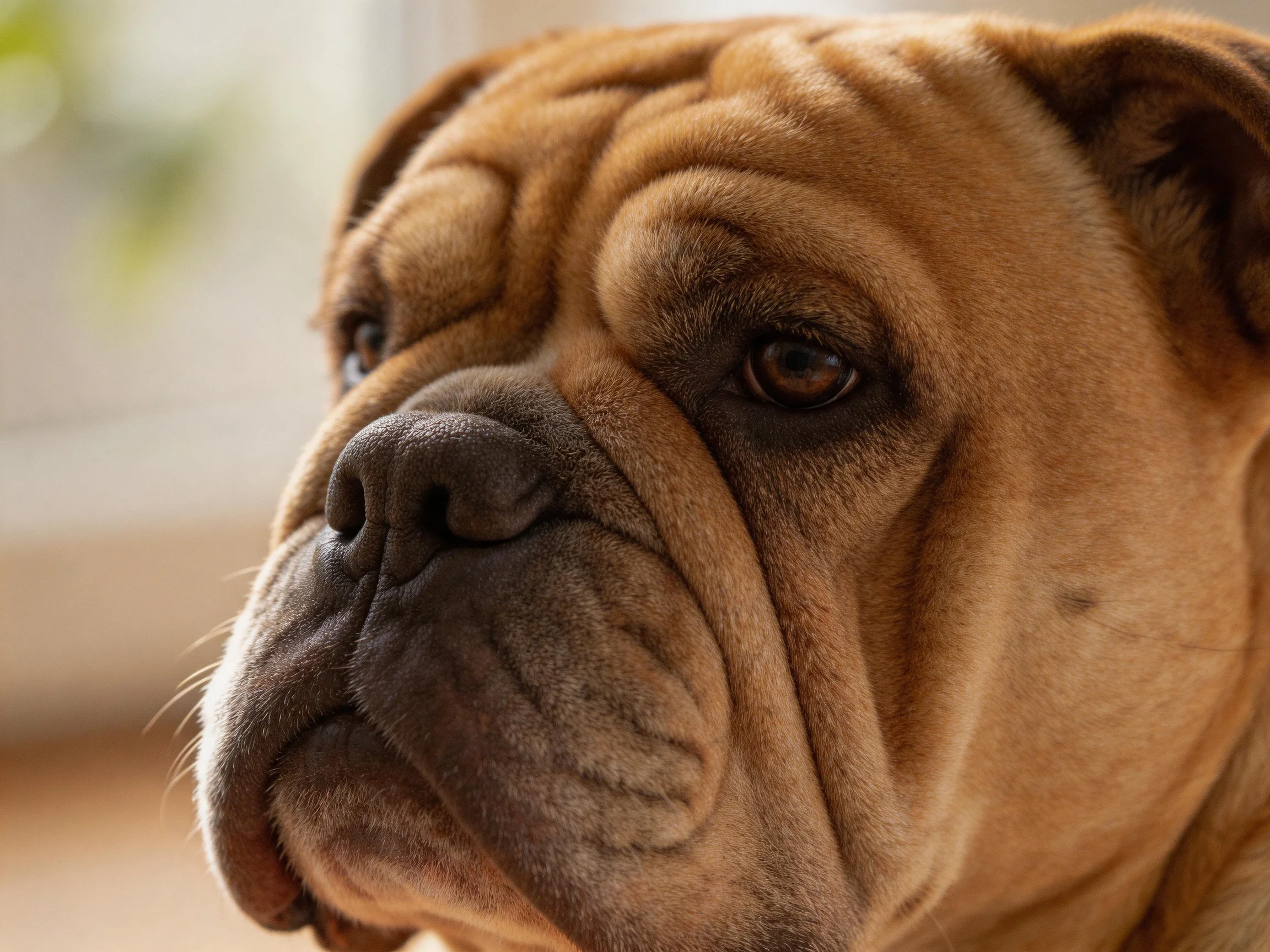 Close - up of a tan bulldog showcasing its wrinkled facial features