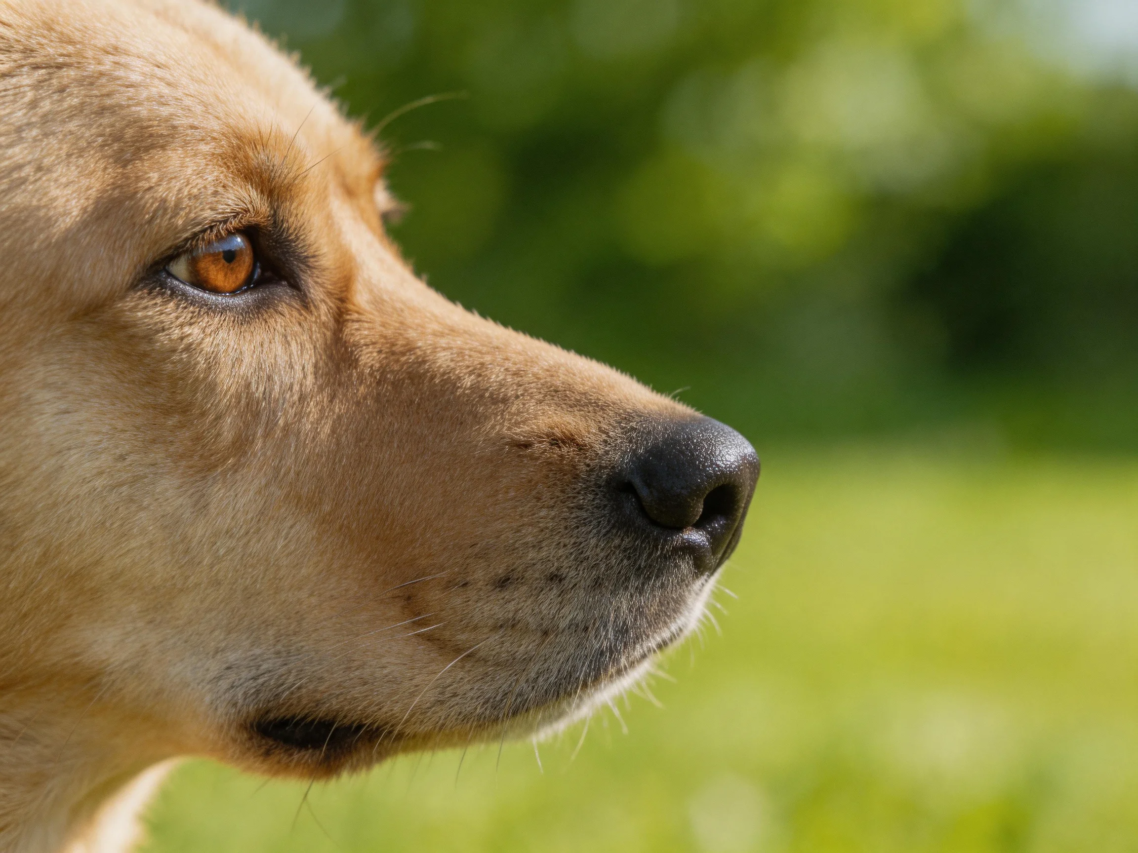 Close - up of a tan dog’s profile with blurred green surroundings