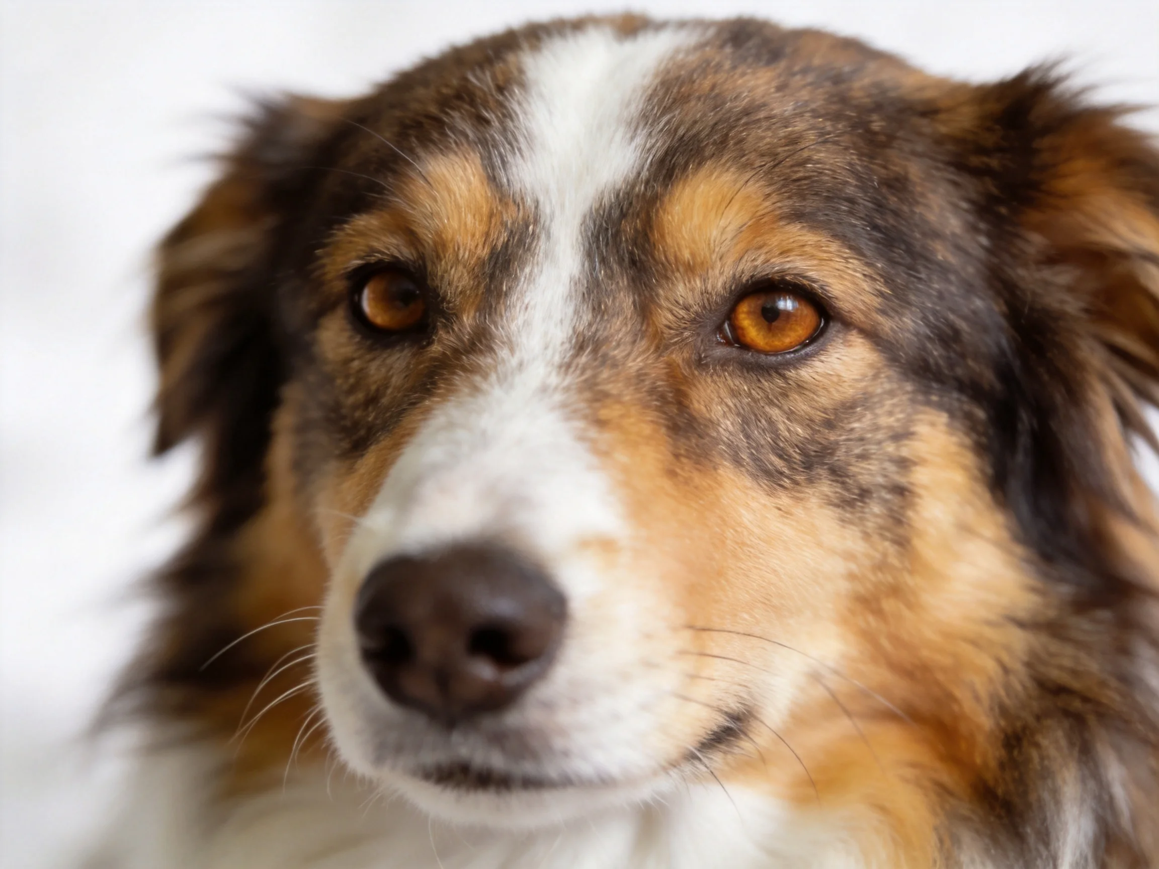 A tricolor dog with amber eyes is shown in a close - up photograph.