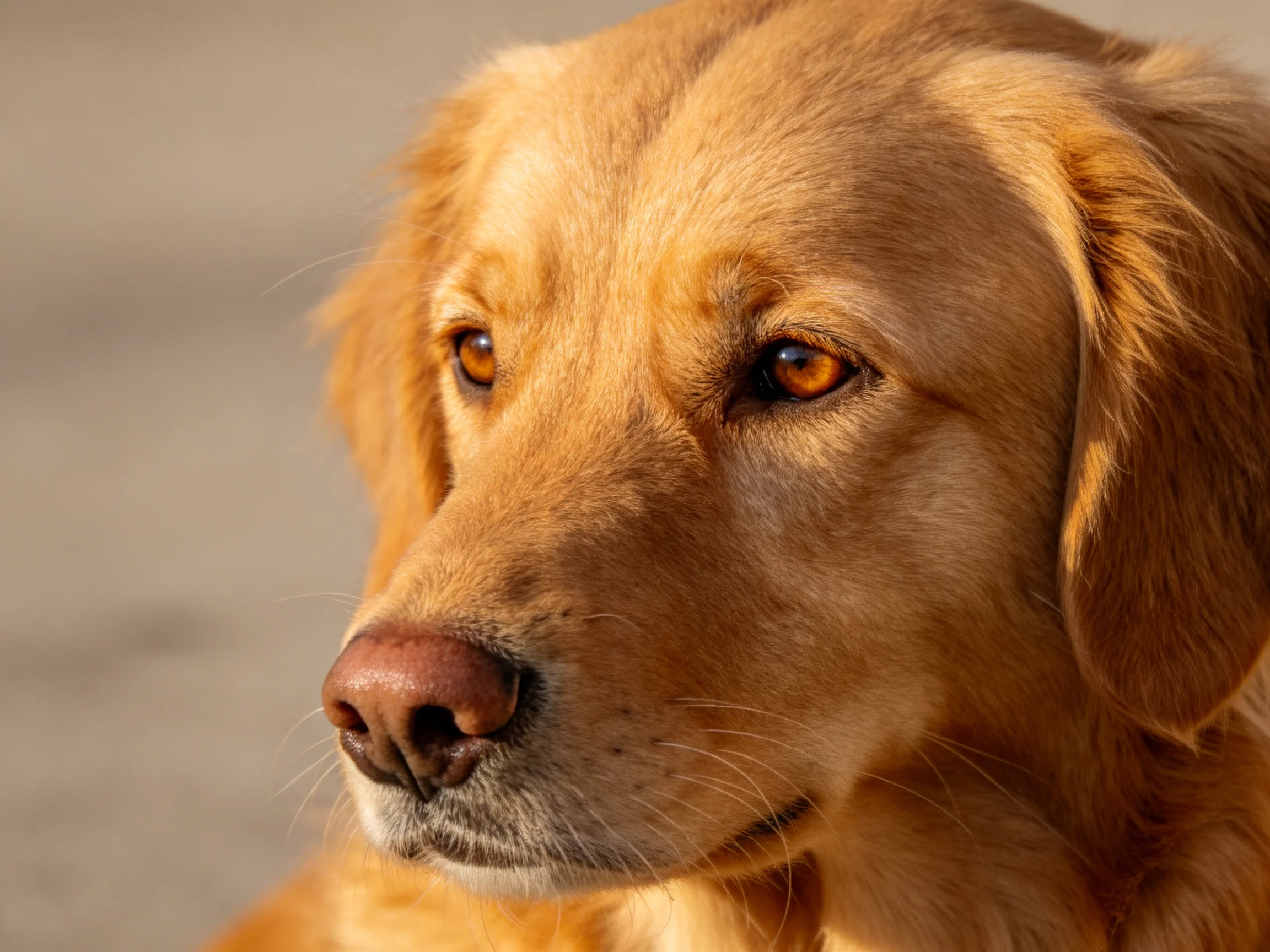 Golden retriever with amber eyes is shown in a close - up portrait.