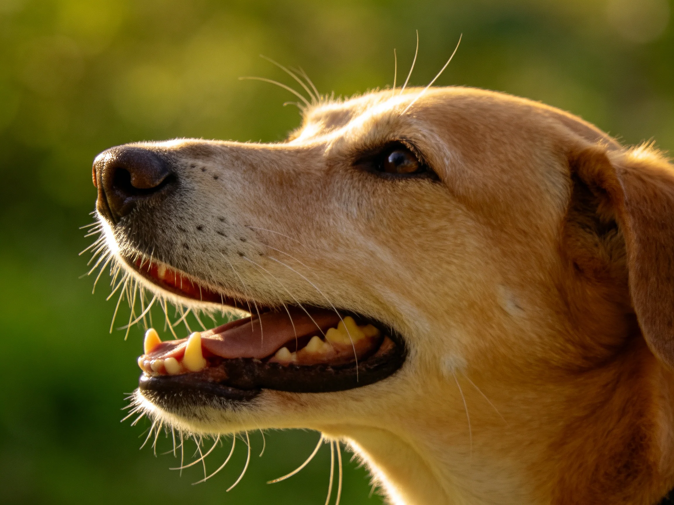 A tan dog with its mouth open is featured up close against a blurred green background.