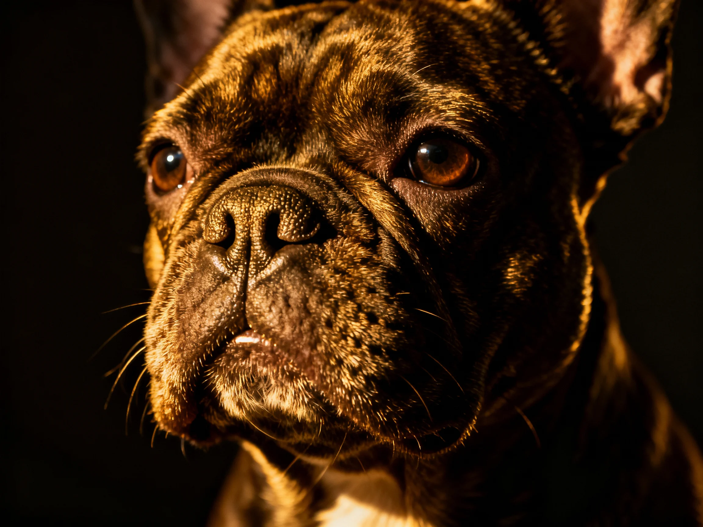 Close - up portrait of a brown brindle bulldog with dramatic lighting