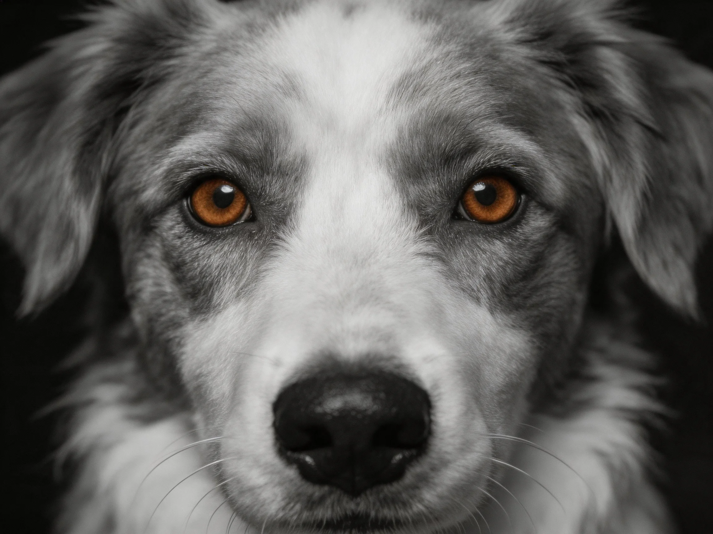 Close - up portrait of a dog with amber eyes and gray - white fur