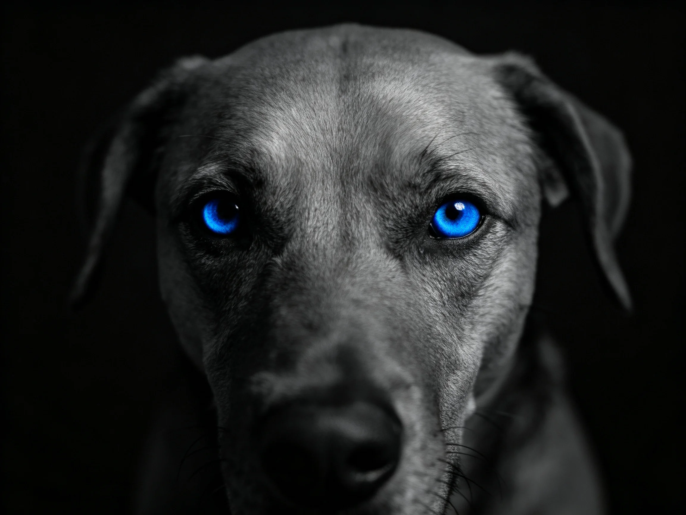A dog with bright blue eyes is shown up close against a dark backdrop.