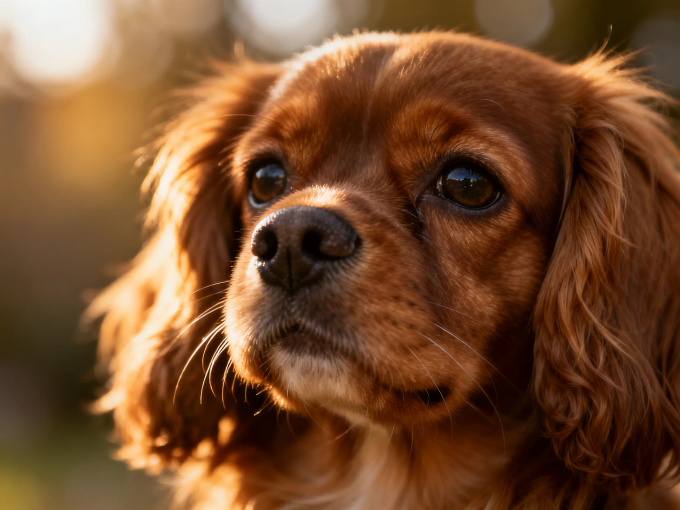 Close - up portrait of a reddish - brown spaniel with flowing, curly fur
