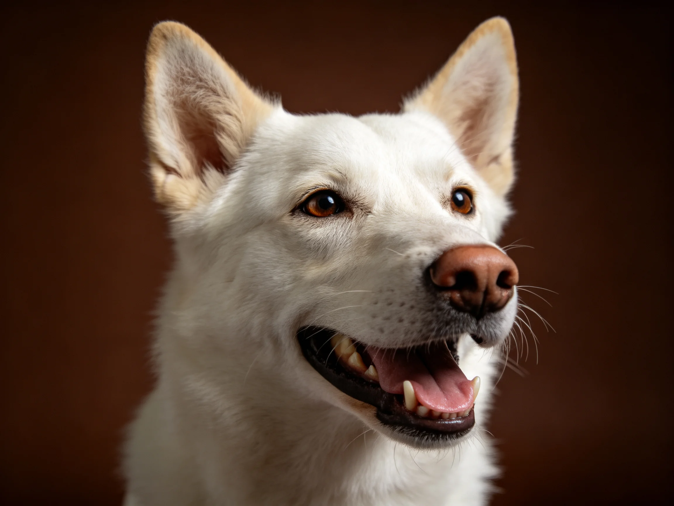 A close - up of a happy white dog with tan ears and brown eyes.