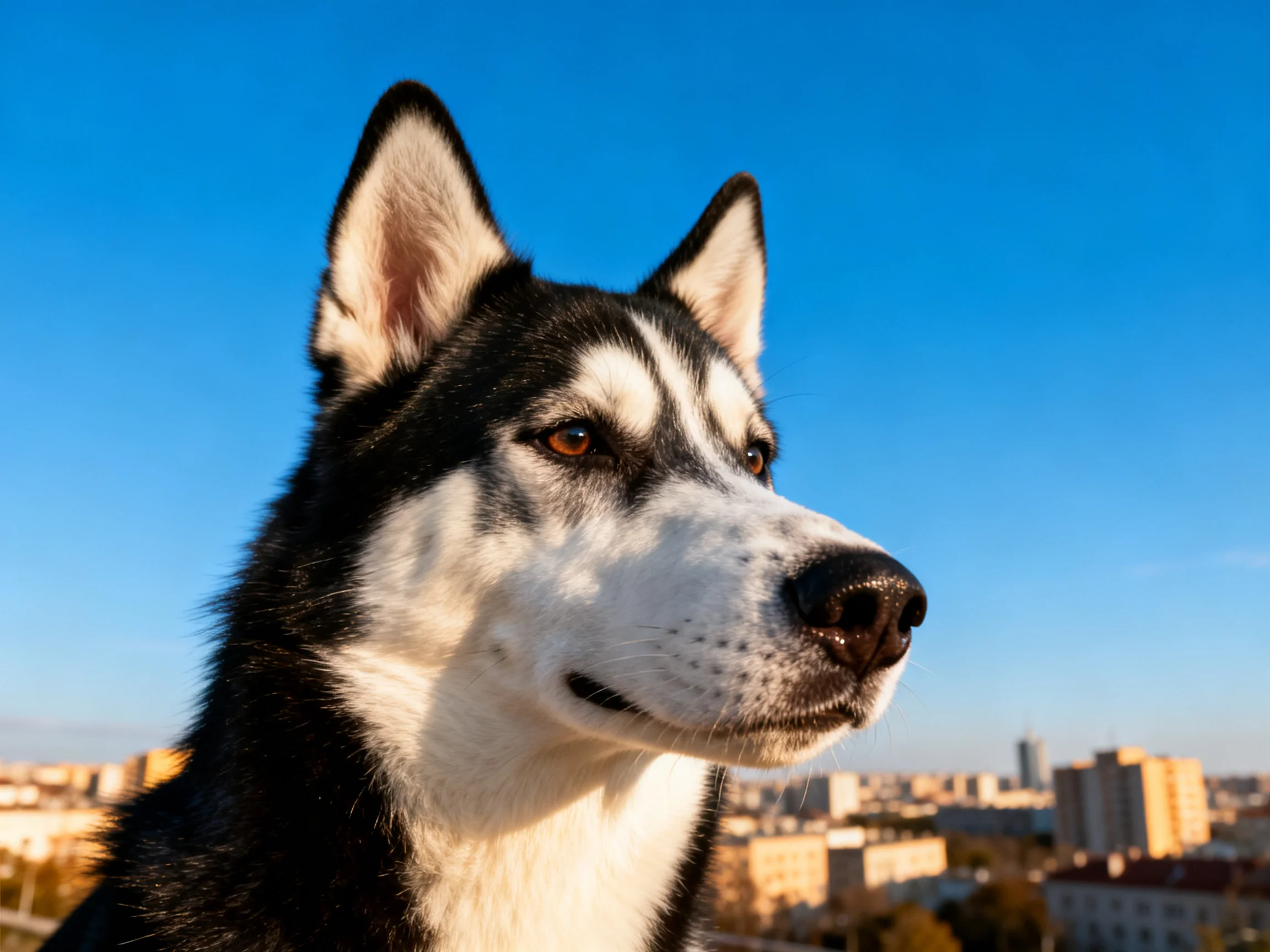 A Siberian Husky gazes toward an urban skyline under bright blue skies.