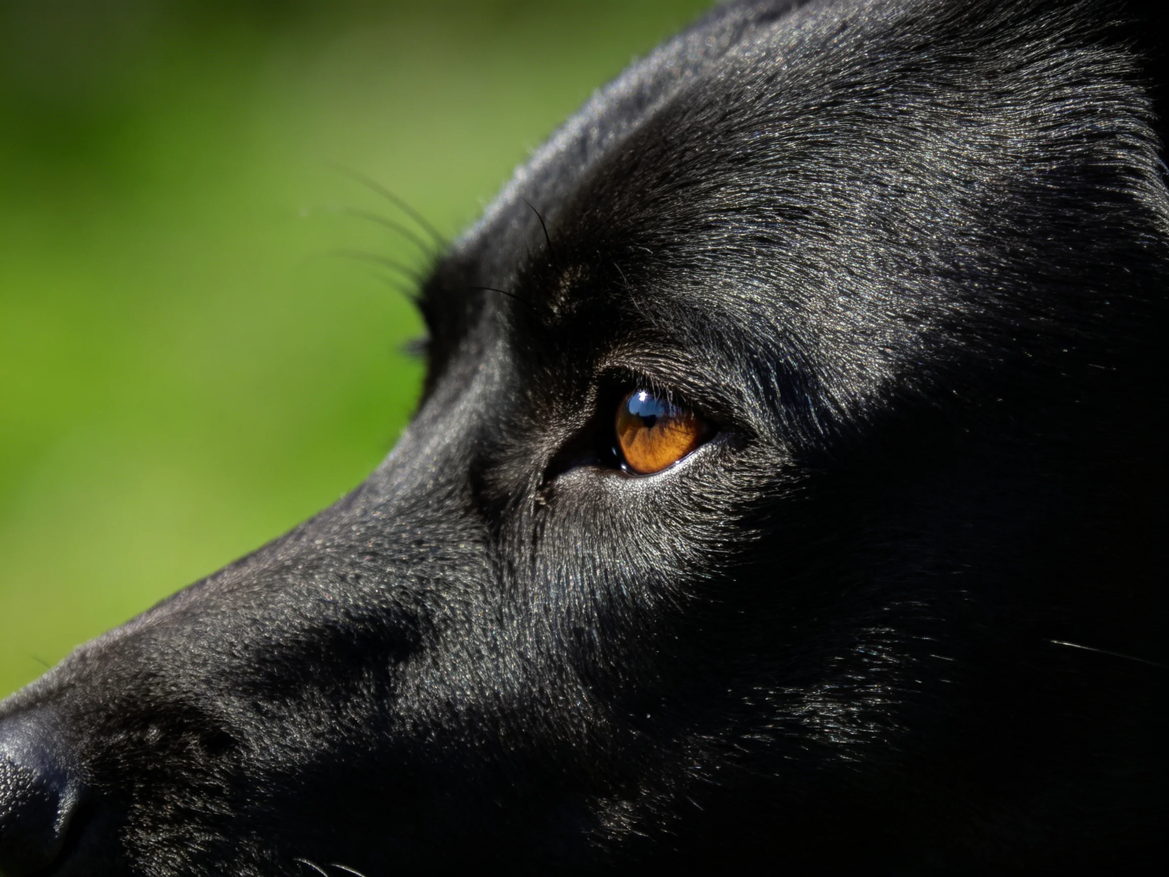 Close-up of a black dog’s face with amber eyes and blurred green backdrop