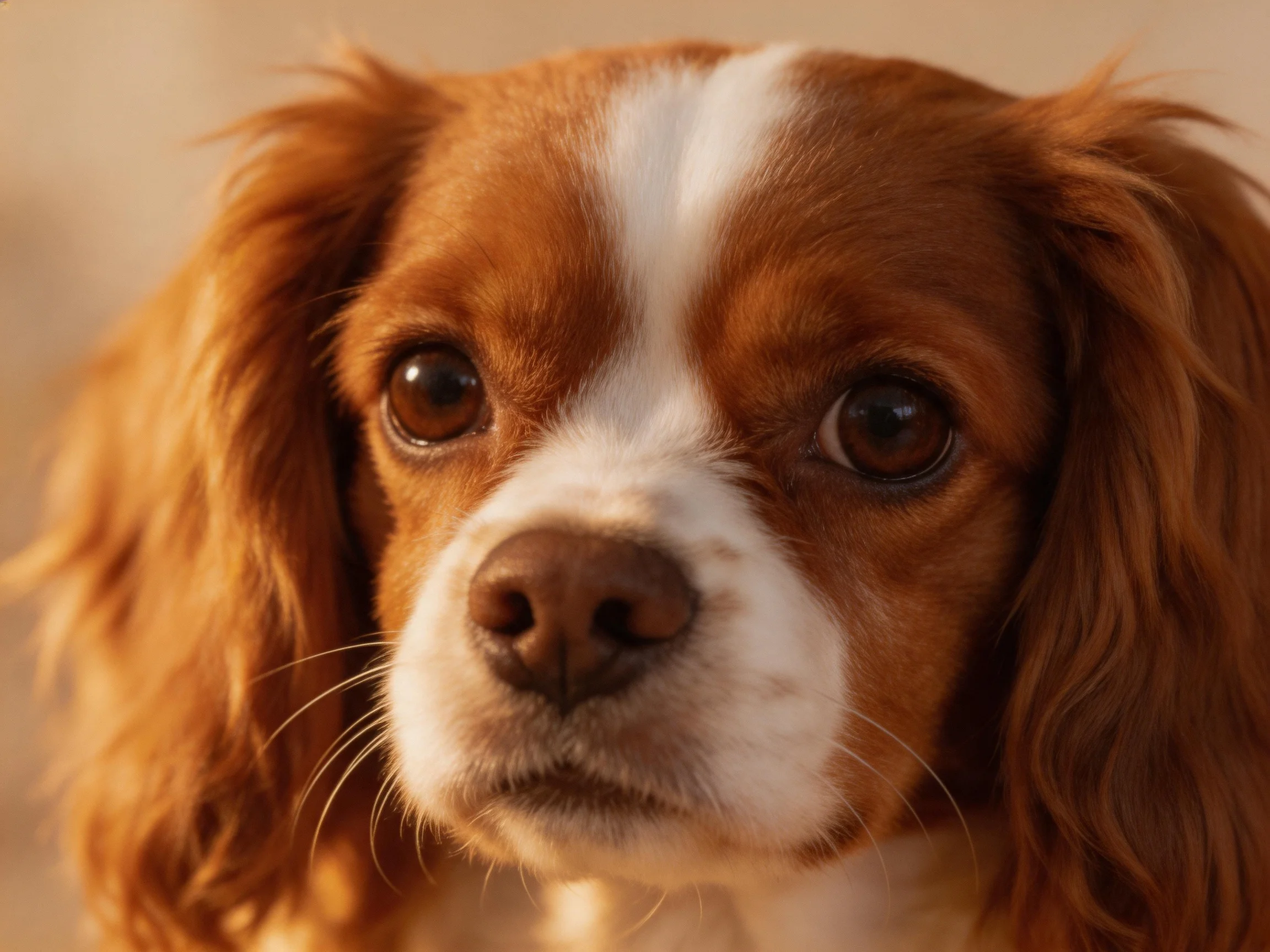 Close-up of a brown and white spaniel with soft, wavy fur