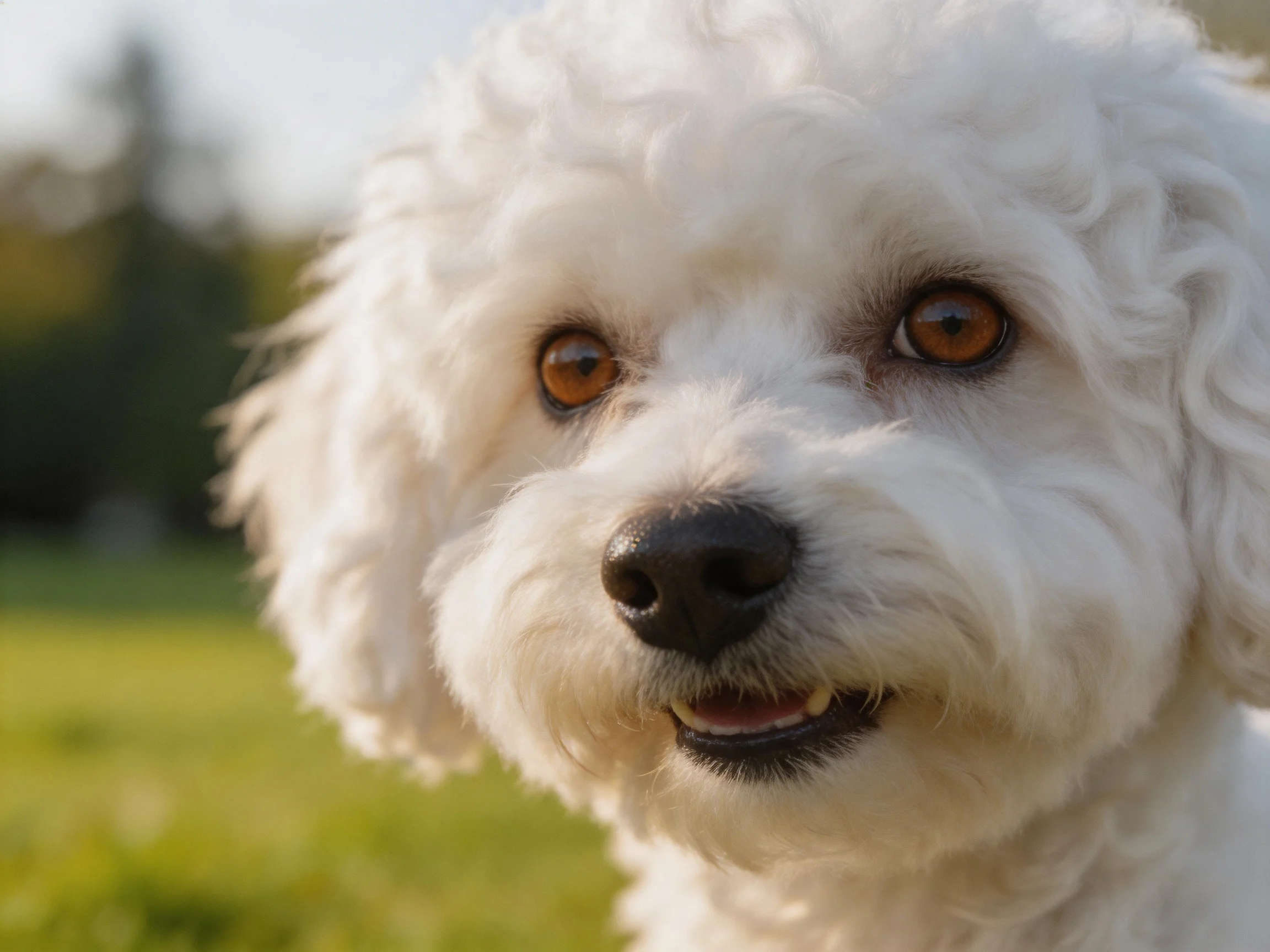 A fluffy white dog with brown eyes is photographed outdoors.