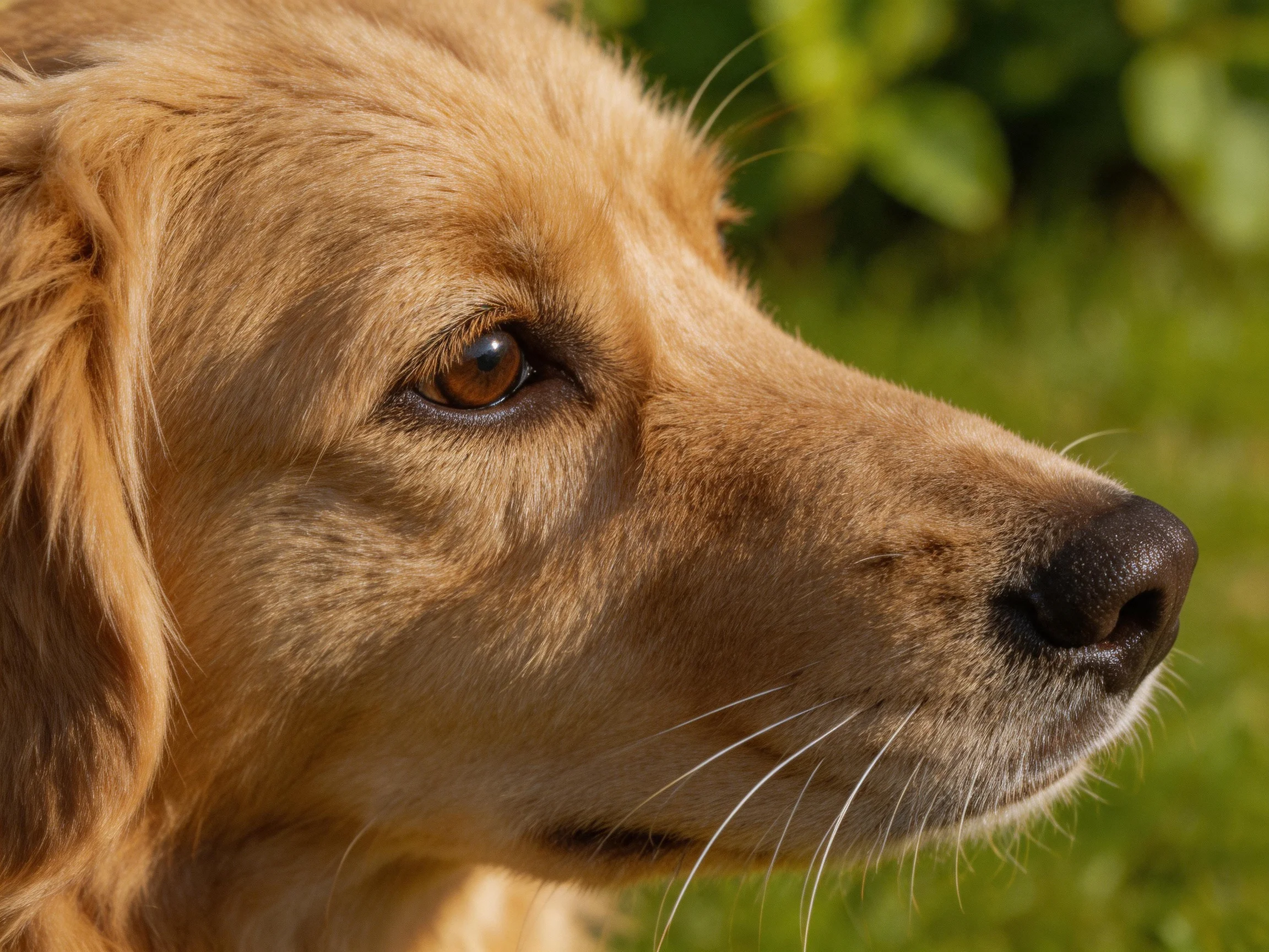A close - up of a golden retriever’s face in a sunlit natural