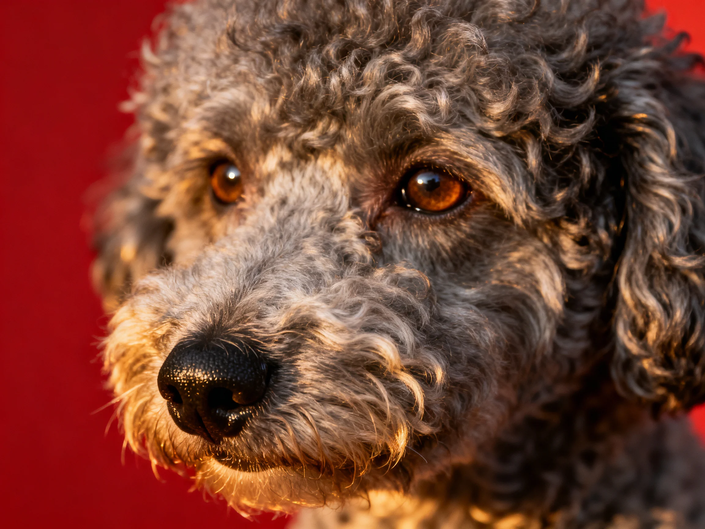 Close-up of a gray curly-haired dog against a bright red background