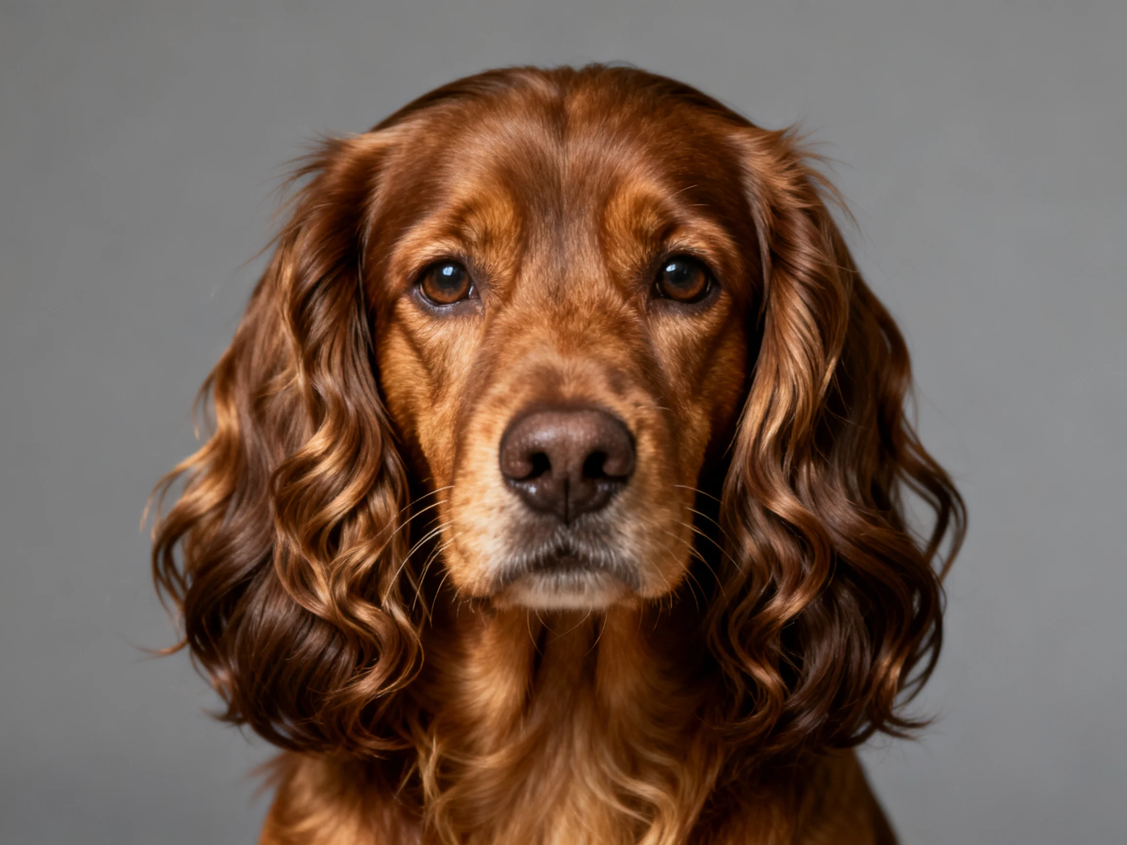 Close-up of a reddish-brown spaniel with long, curly ears