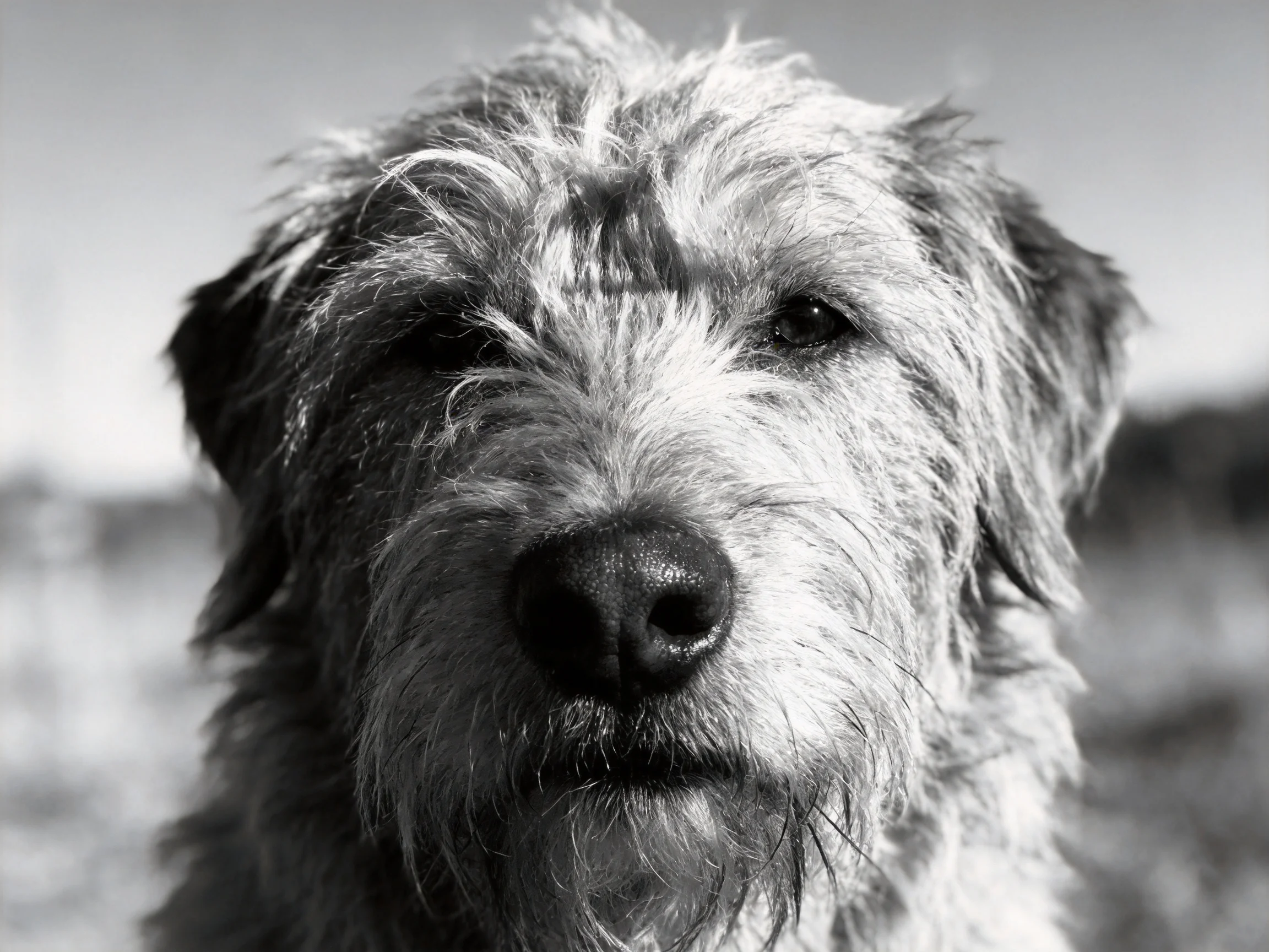 A shaggy dog is featured in a close-up monochrome photograph.