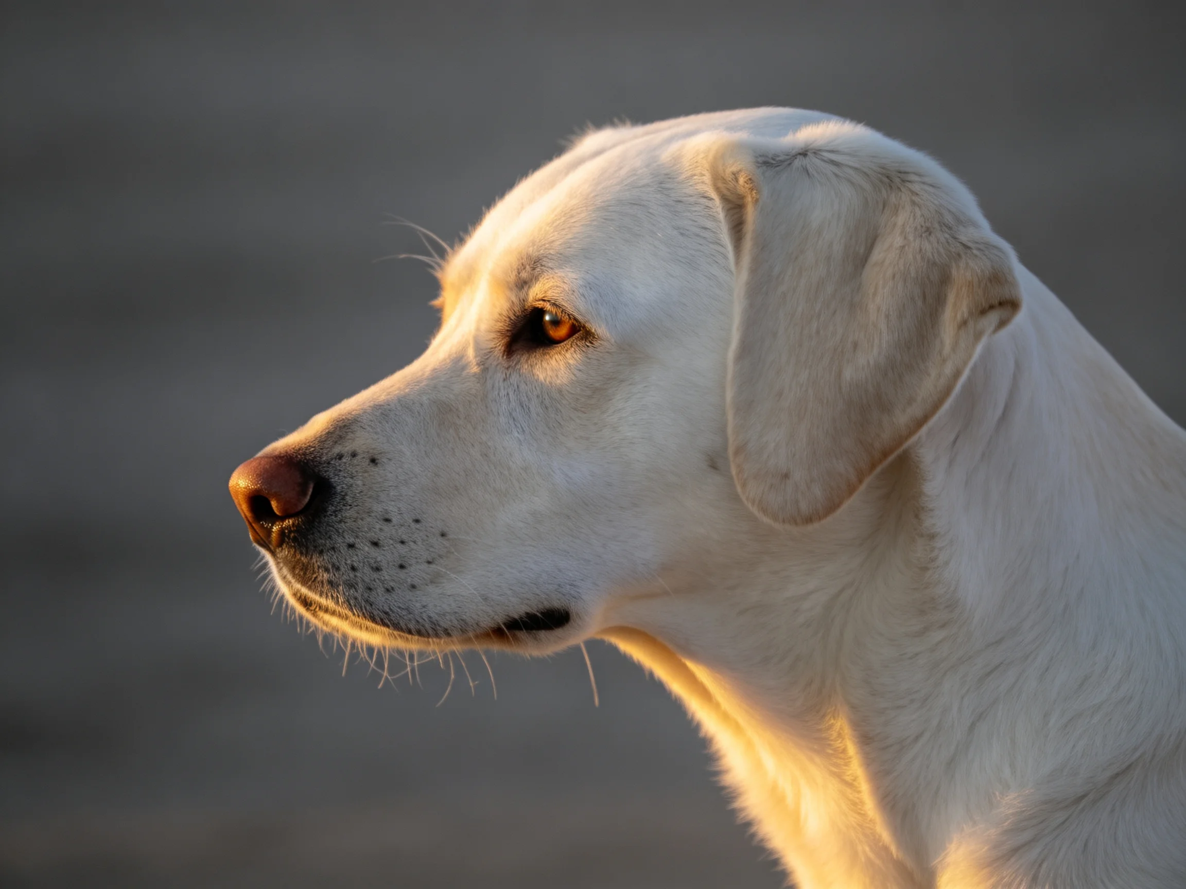 Close-up of a white Labrador retriever bathed in golden light