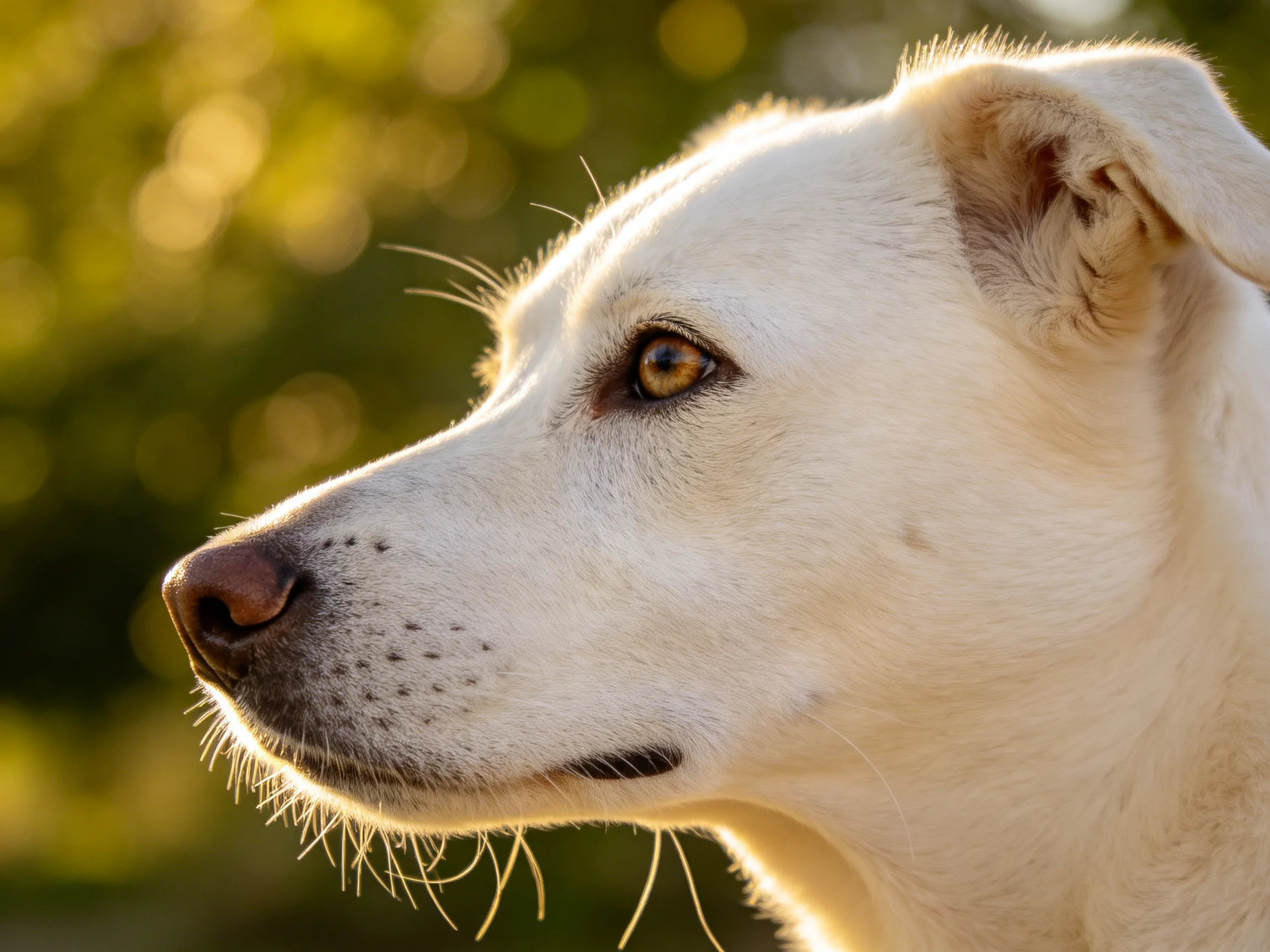 A white dog gazes into the distance with a blurred green background.