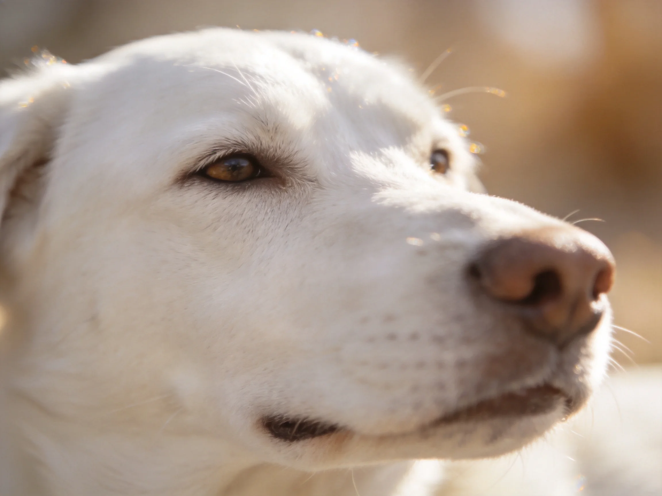 A close-up shows a white dog with smooth fur under warm sunlight.