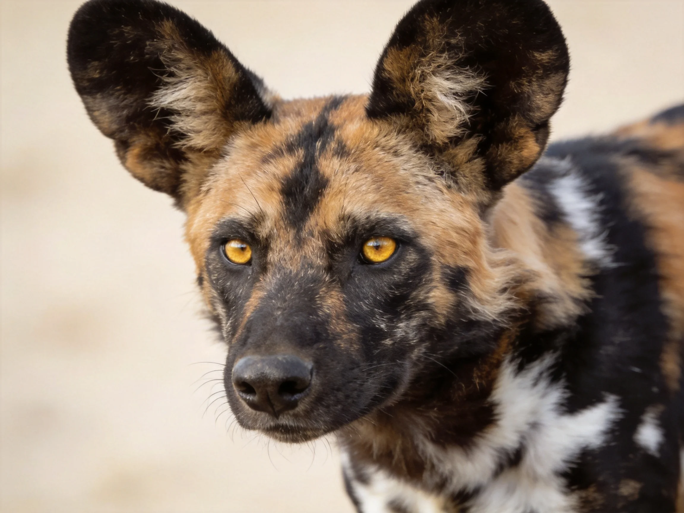 Close-up of an African wild dog with black, tan, and white fur
