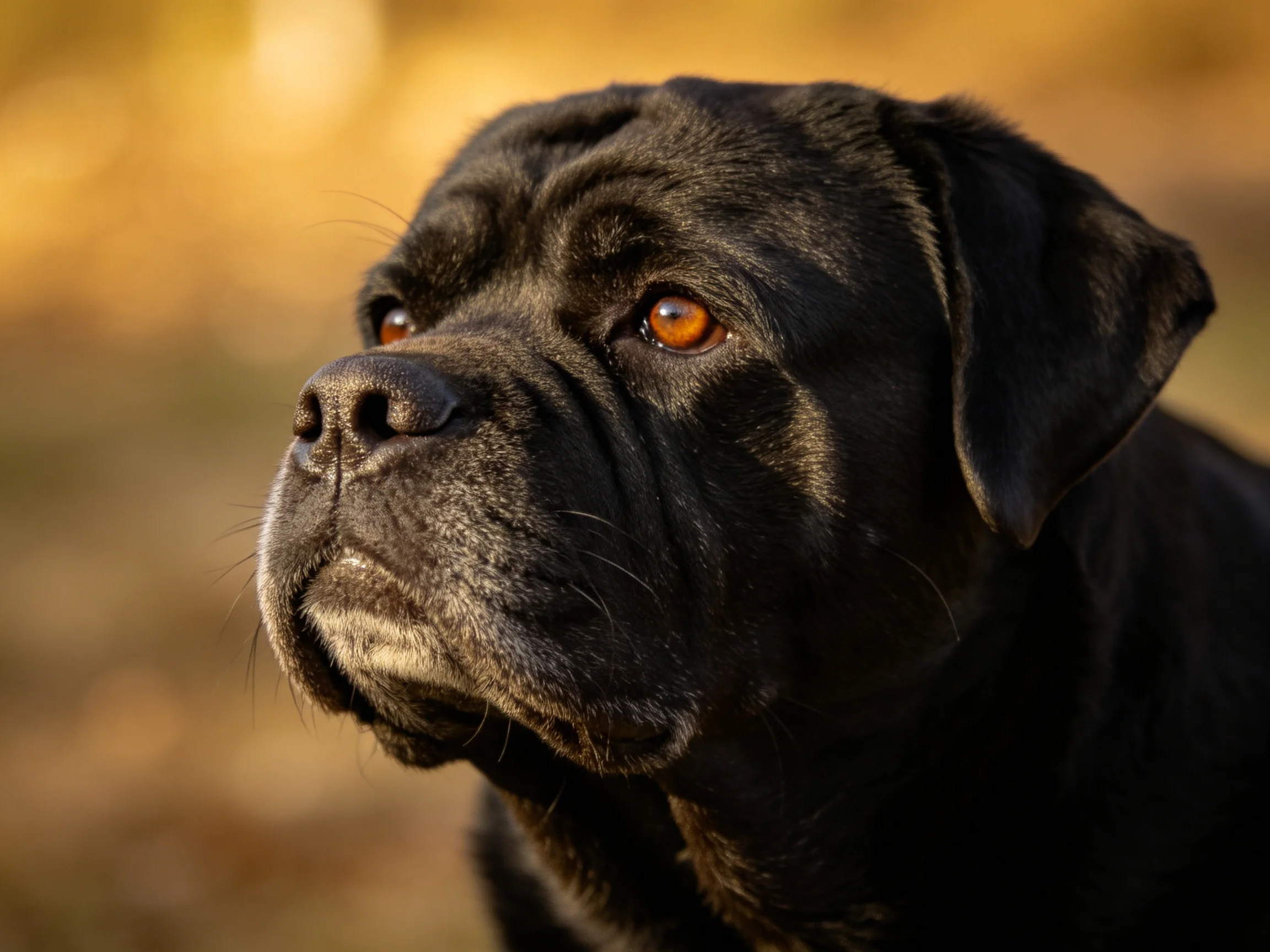A black dog gazes thoughtfully with a golden - hued background.