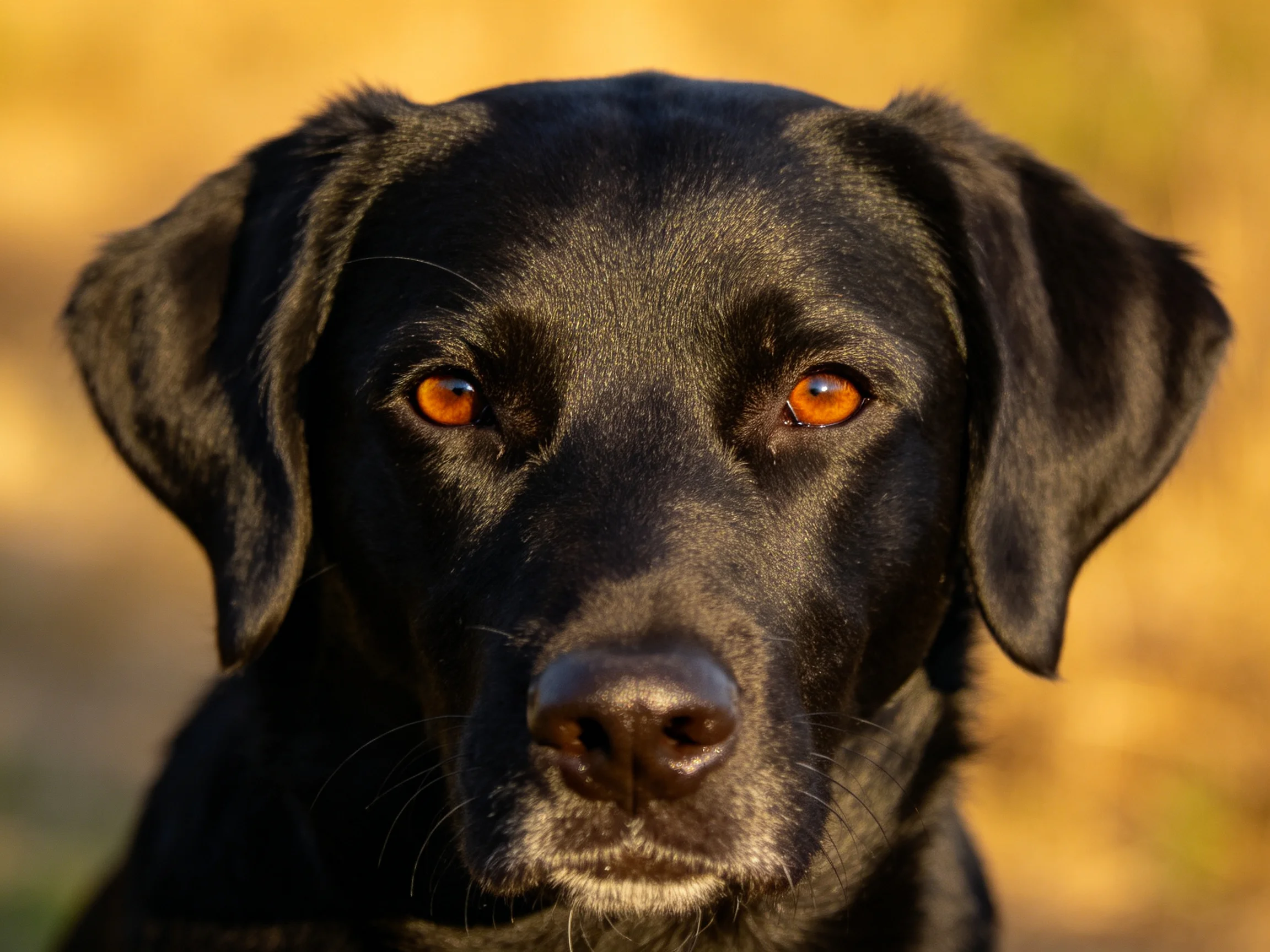 Black dog with amber eyes gazes directly into the camera.