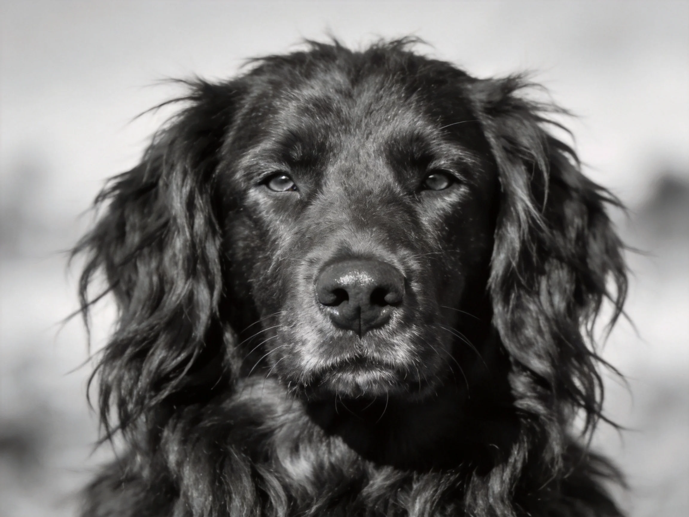 Close-up portrait of a black dog with shaggy, wavy fur