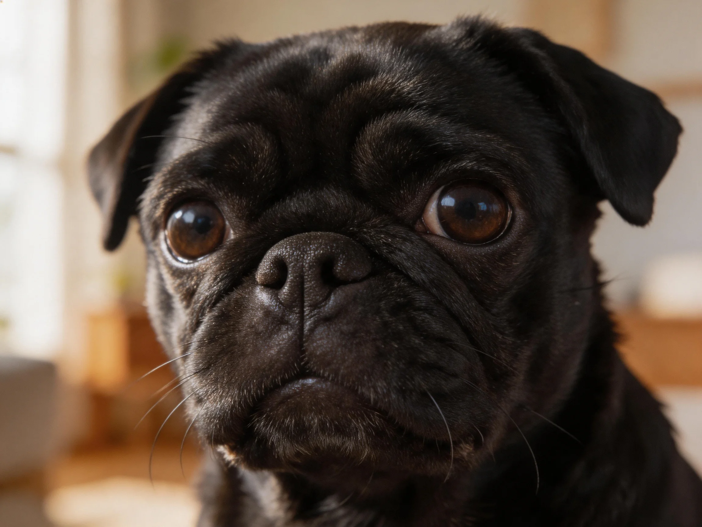 Close-up portrait of a black pug with expressive brown eyes