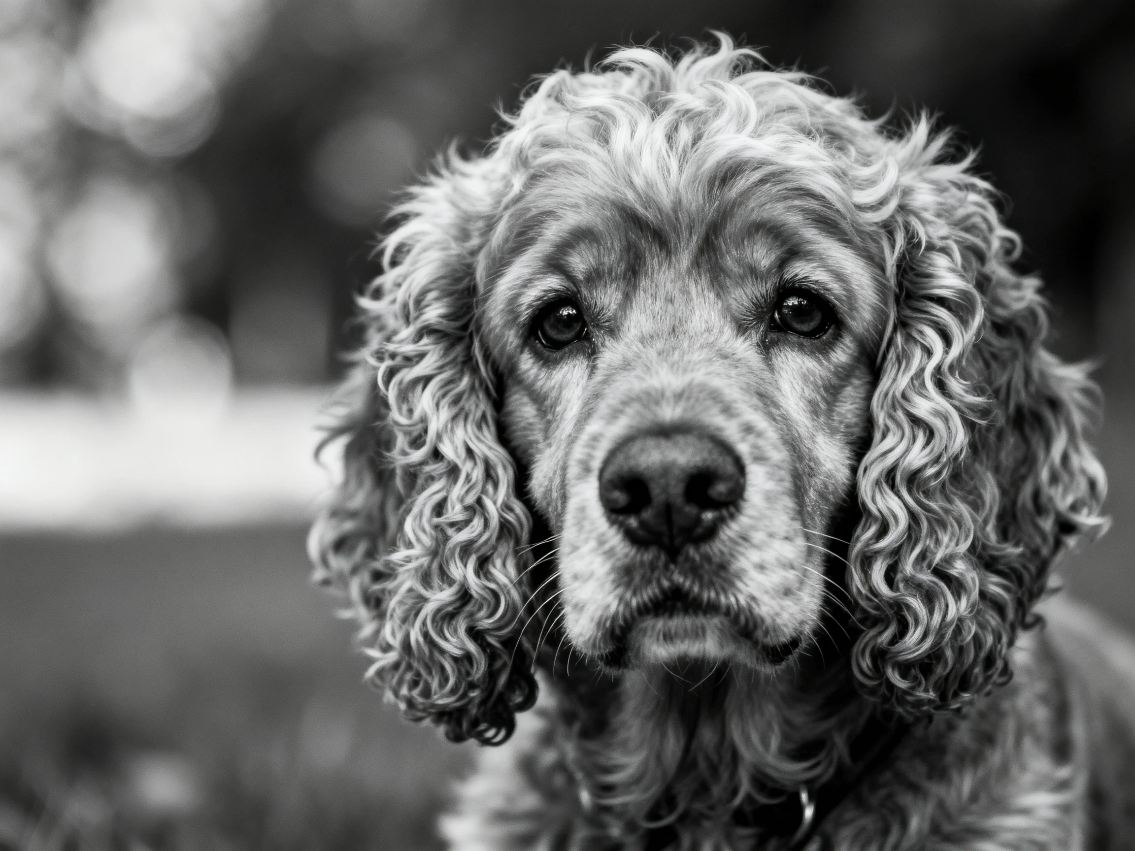 Close-up portrait of a curly - dog in black and white