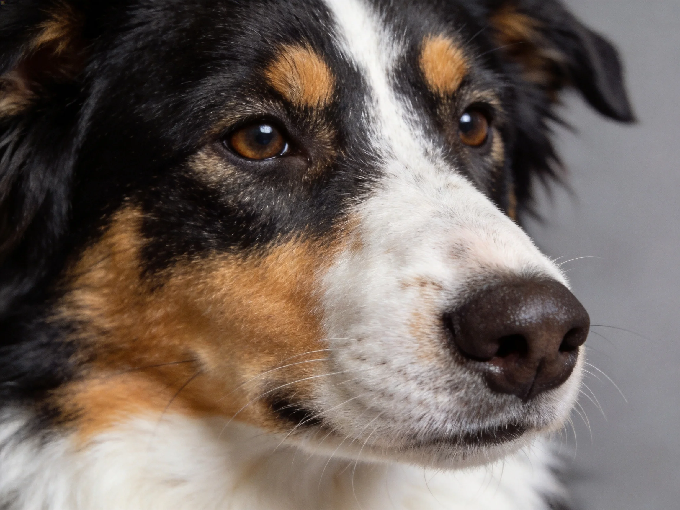 A tricolor dog’s facial details are shown in a close - up photograph.