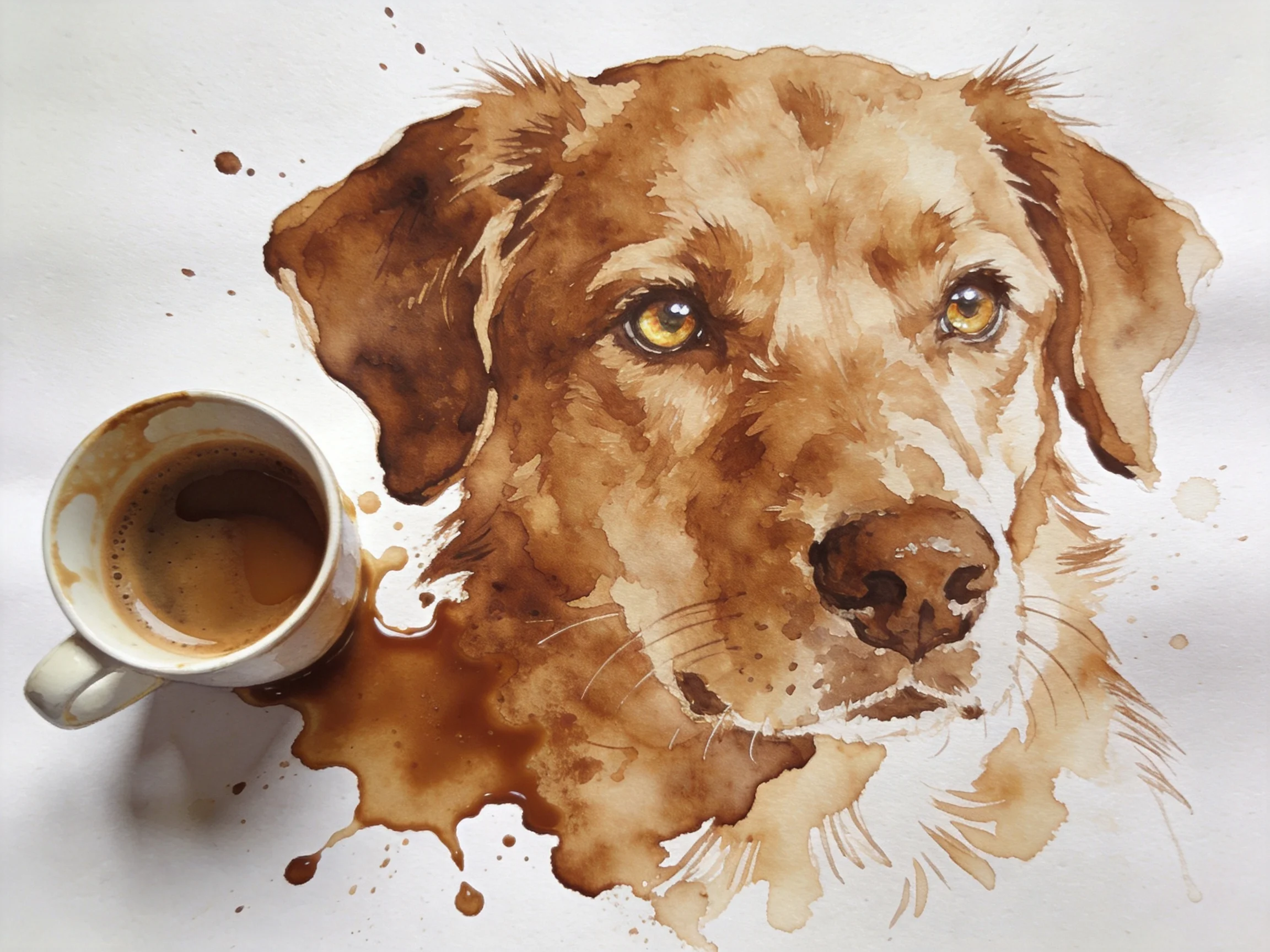 A coffee-stained watercolor portrait of a golden retriever next to a spilled coffee cup.