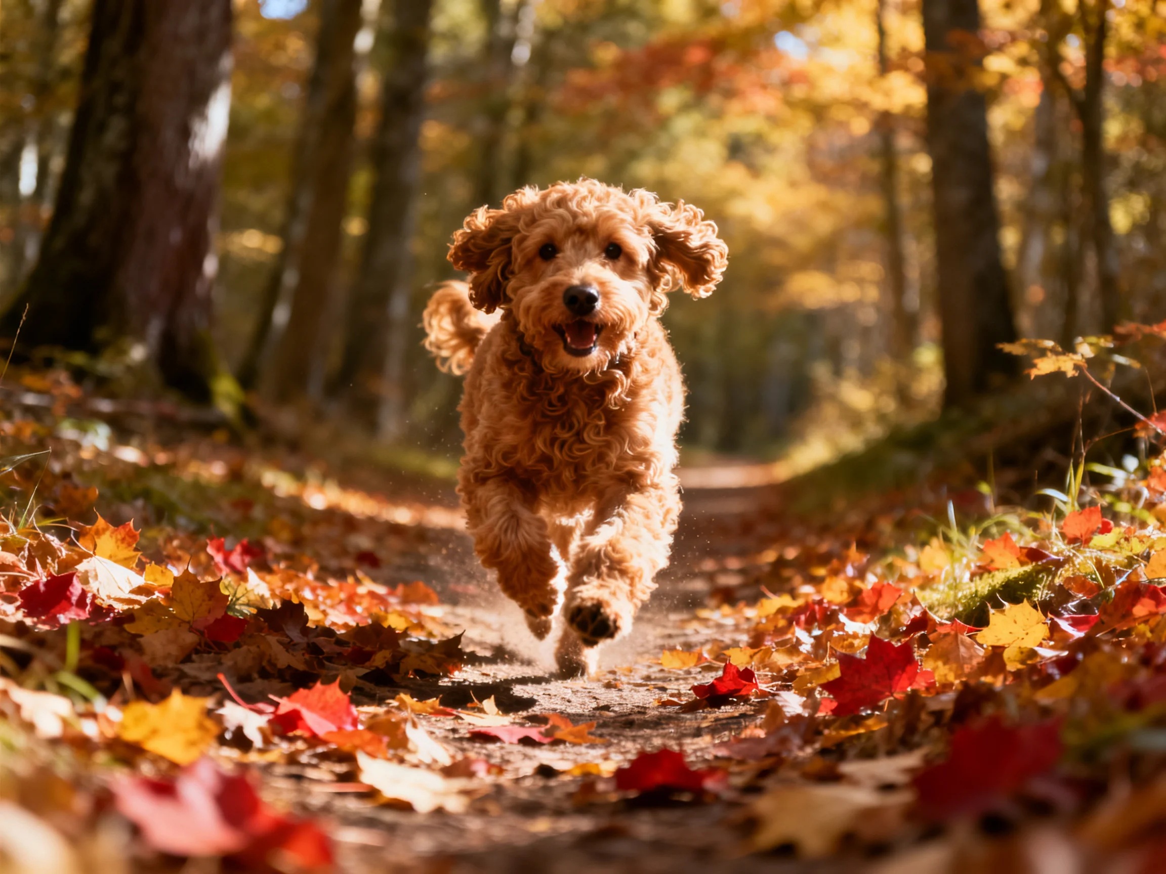 Curly - haired dog runs through autumn forest path with colorful leaves