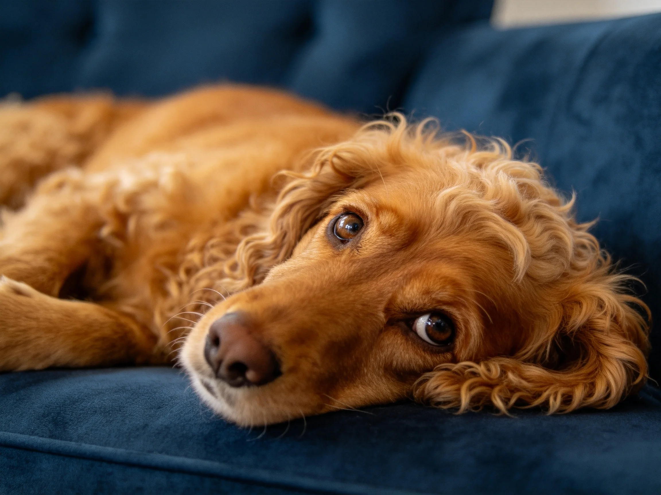Curly-haired golden dog rests on deep blue velvet sofa