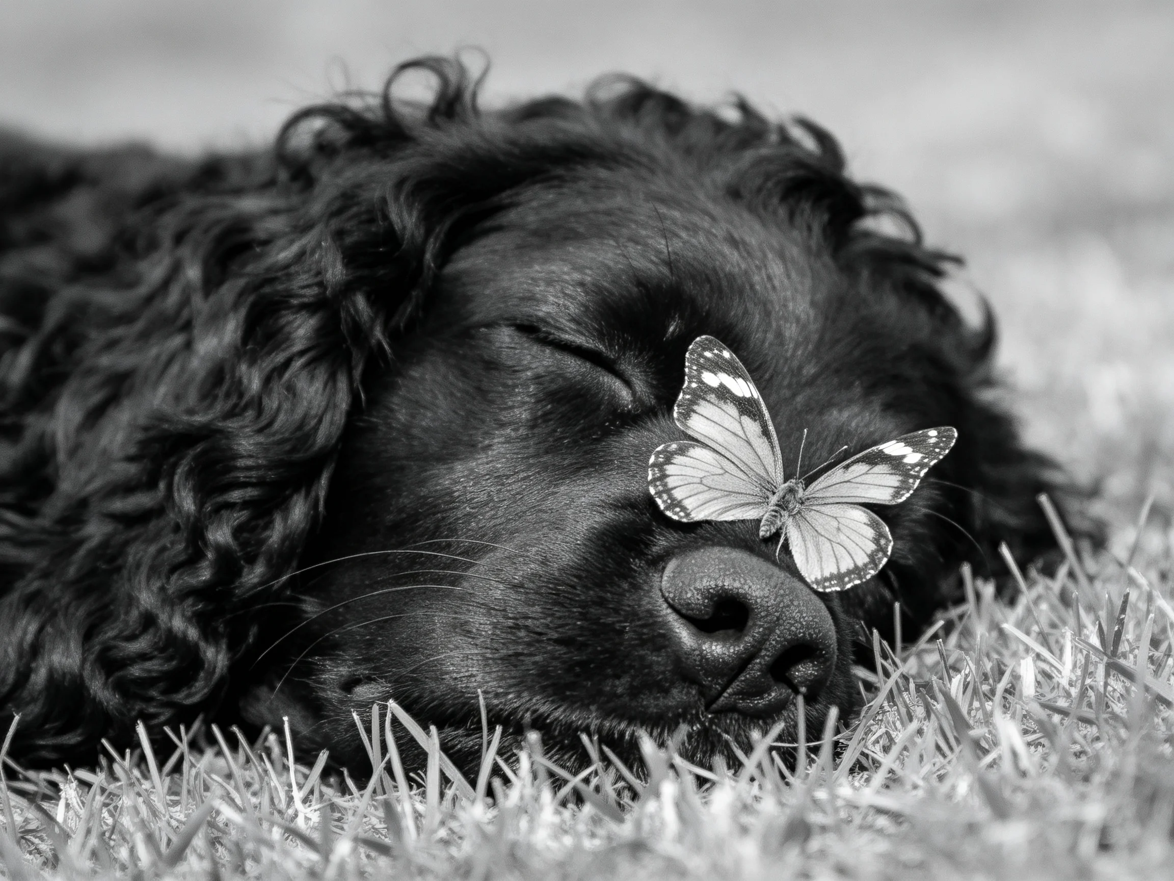A black dog sleeps peacefully with a butterfly on its face.