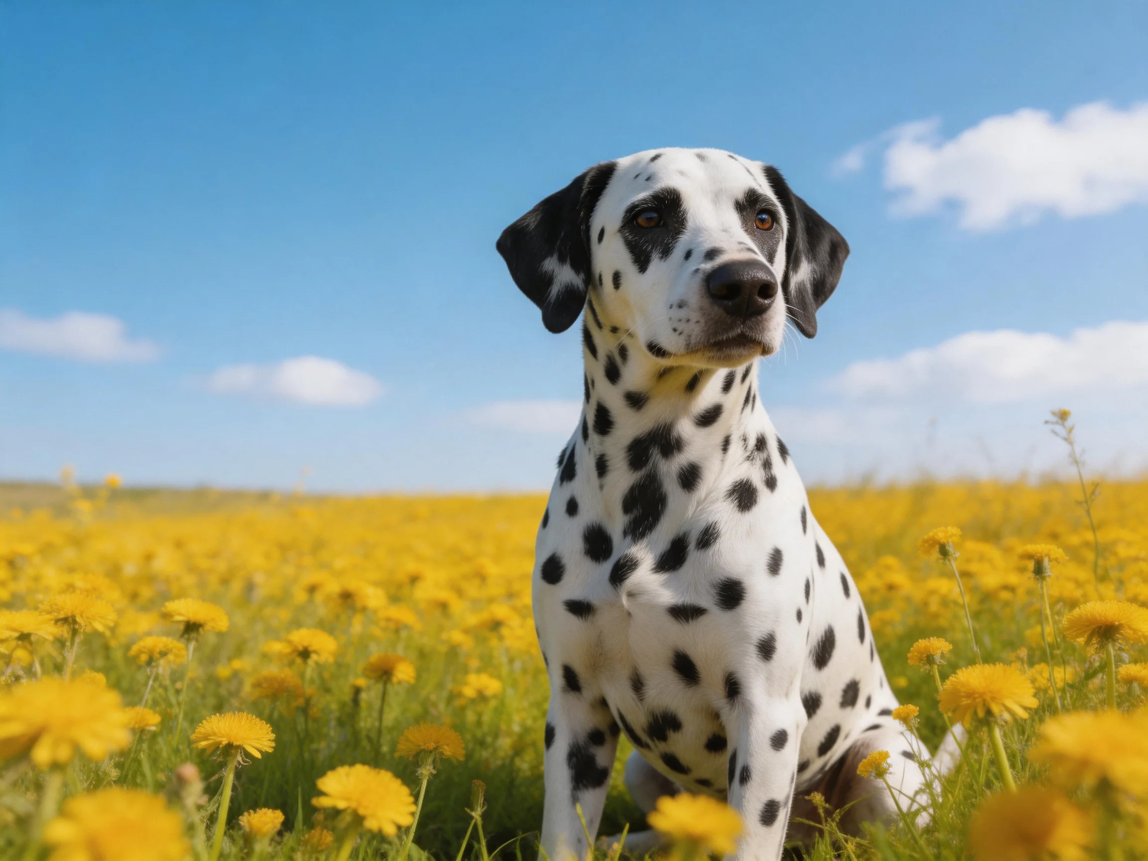 Dalmatian dog sitting in a field of yellow dandelions under a clear blue sky