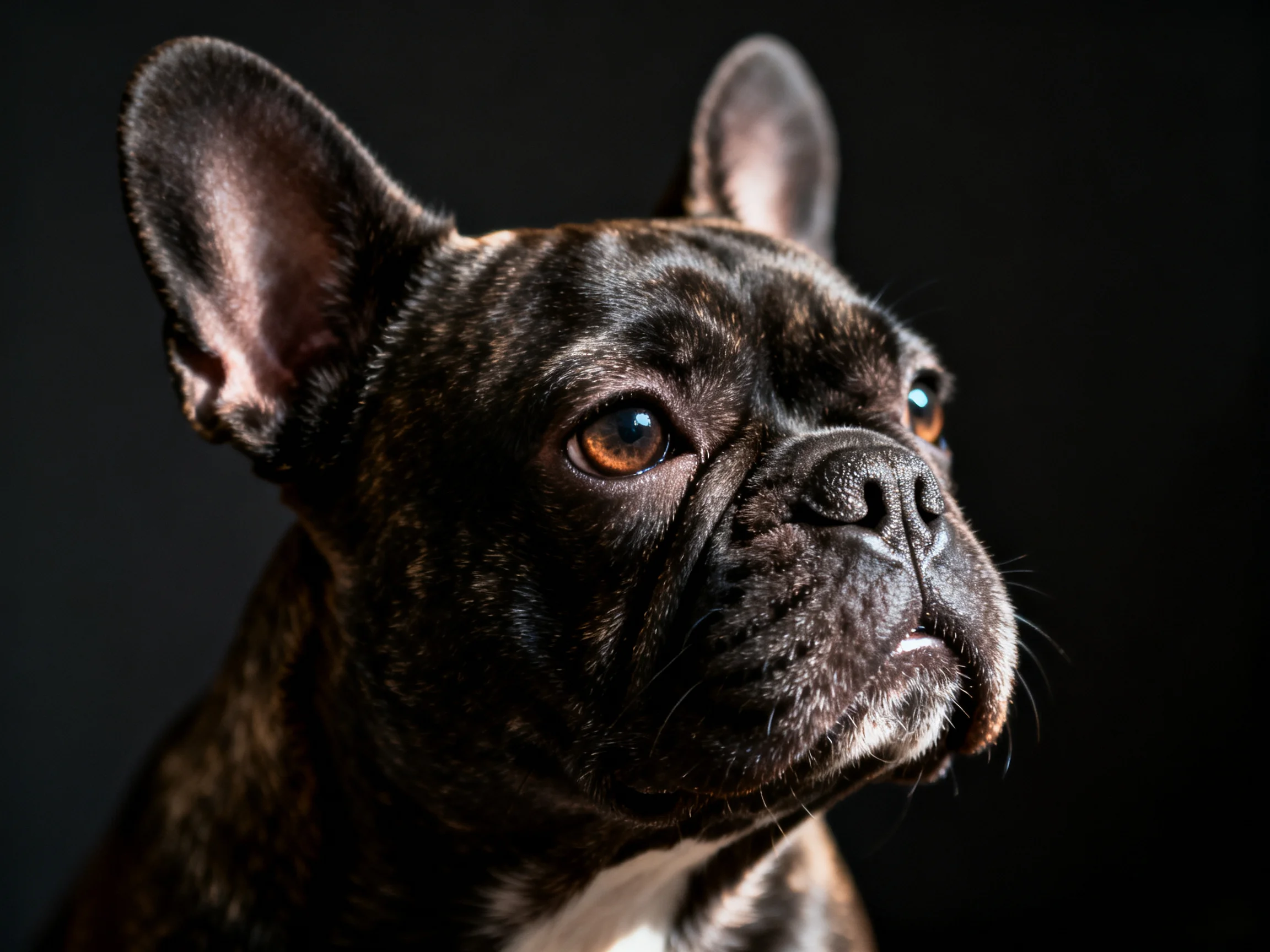 Dark - brindle French Bulldog against a black background