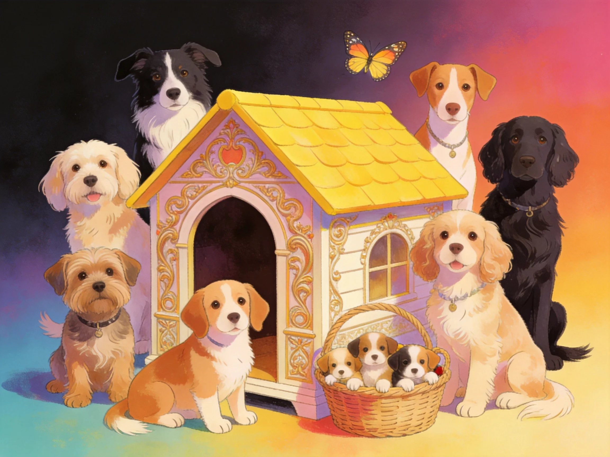 Dogs of various breeds cluster around a decorated doghouse with puppies in a basket.
