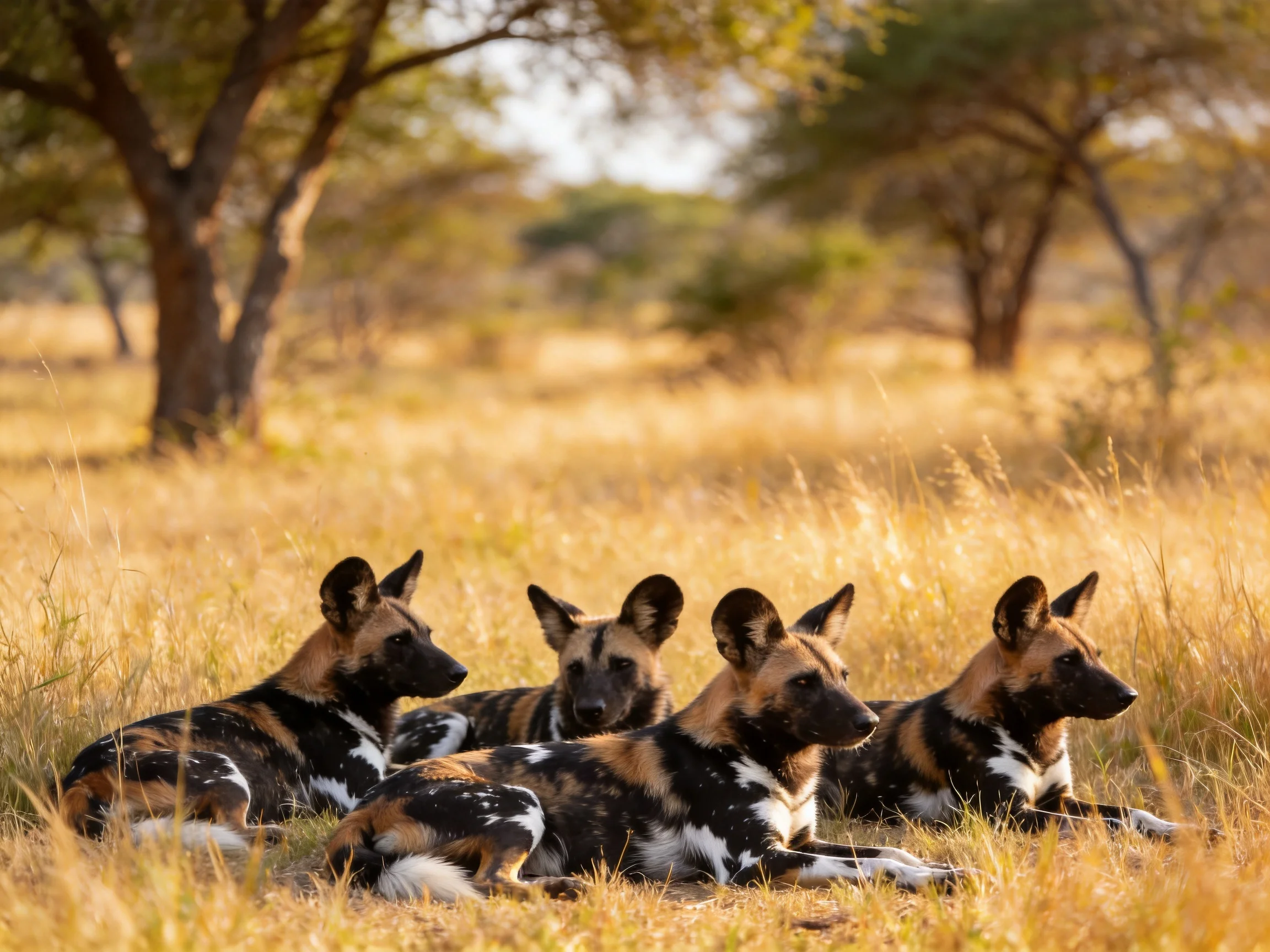 Five African wild dogs rest in golden savannah grass near trees