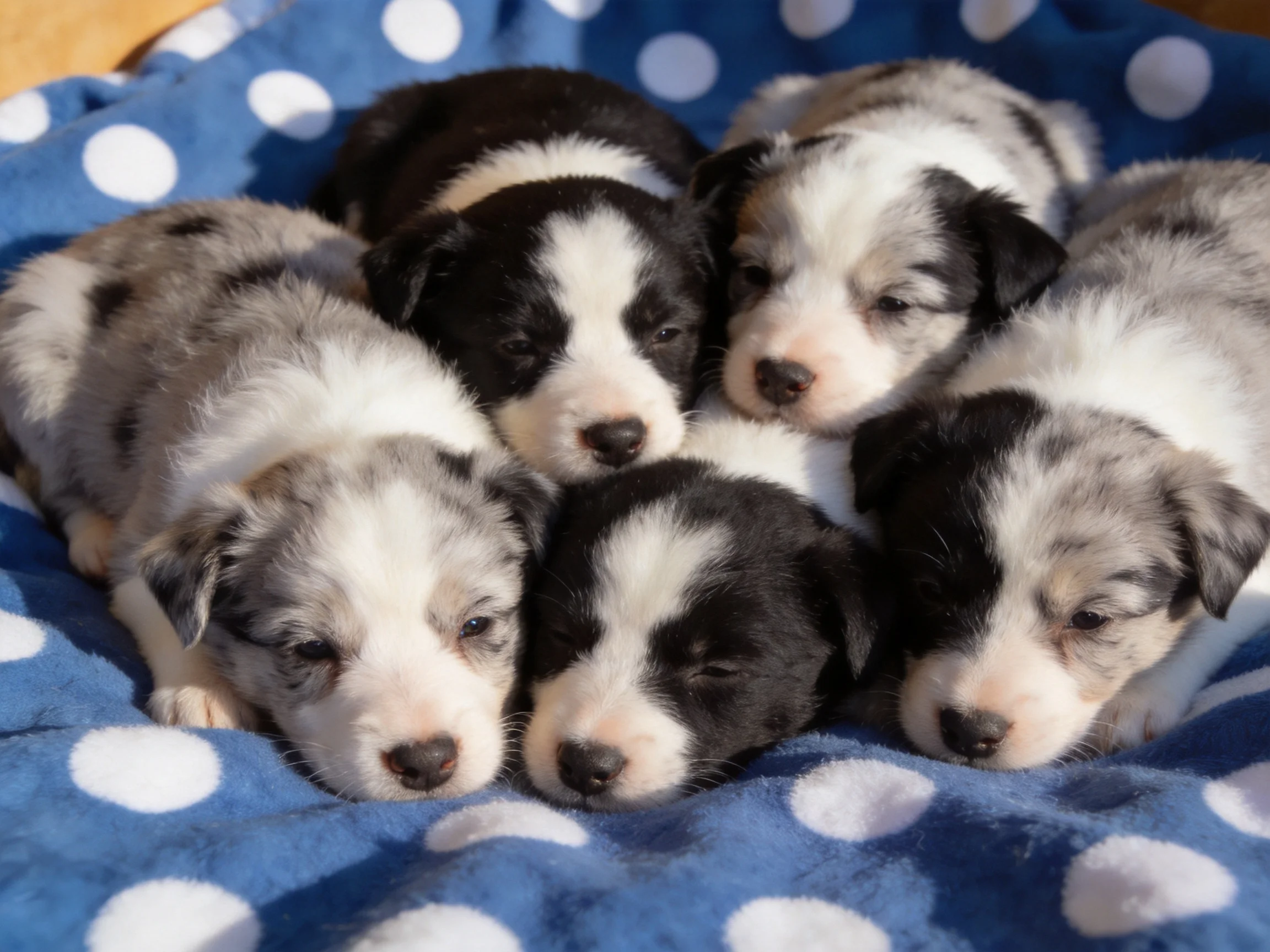 Five black-and-white puppies snuggle on a blue polka-dot blanket