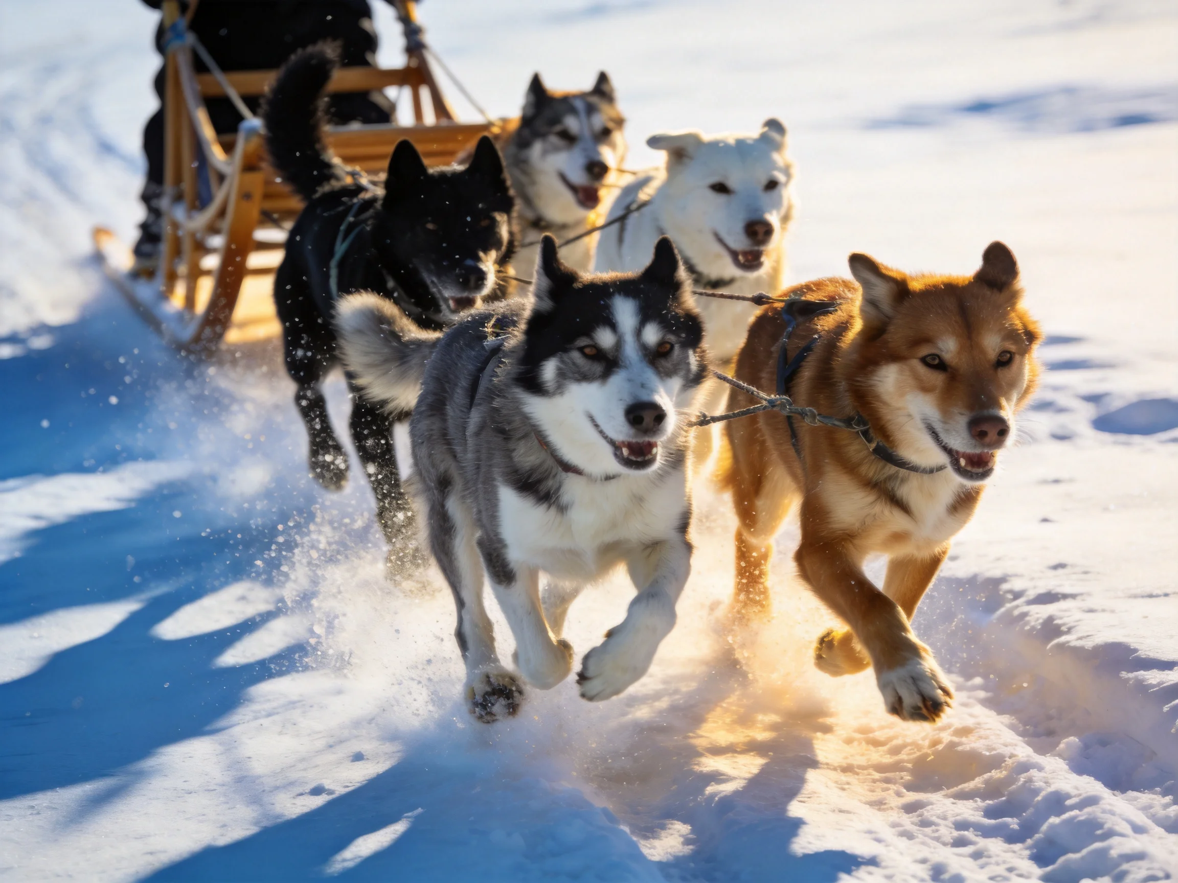 Five diverse sled dogs pull a wooden sleigh over snow
