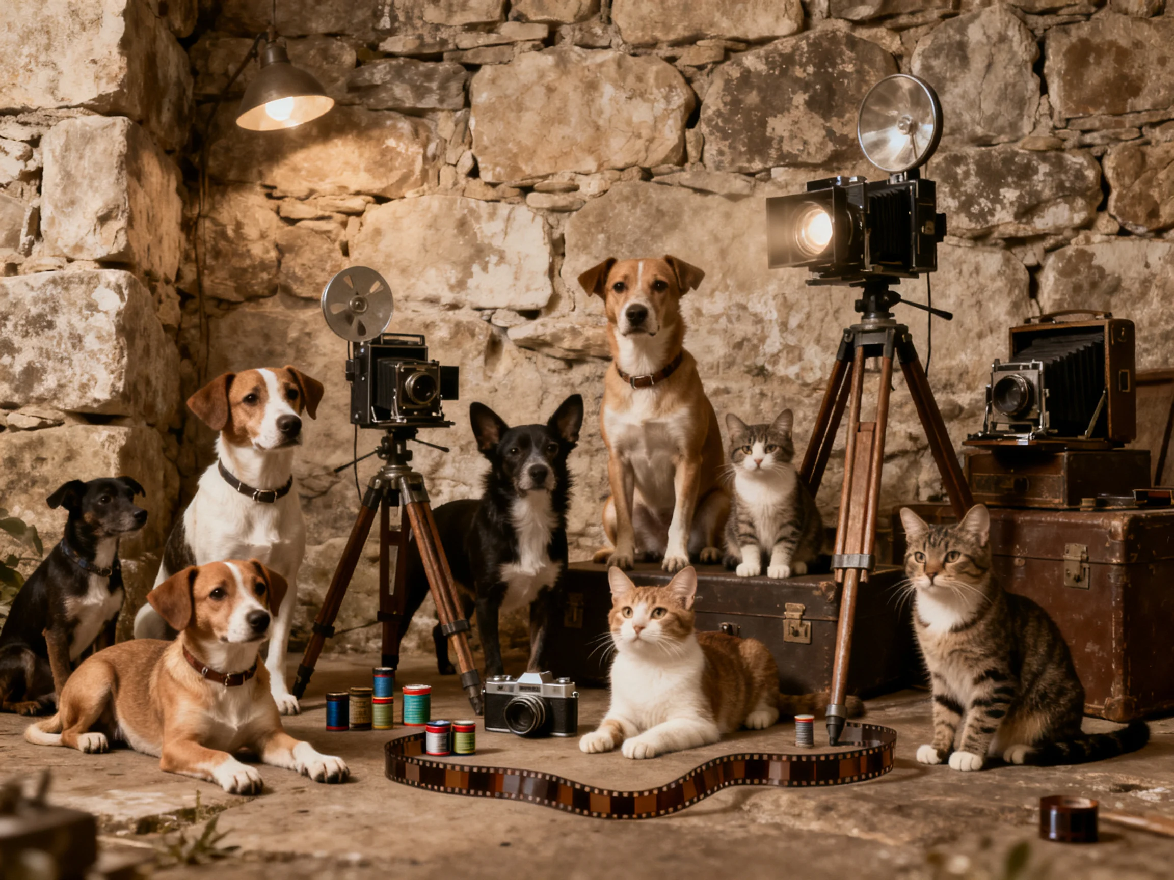 Five dogs and three cats gather around vintage cameras near a stone wall