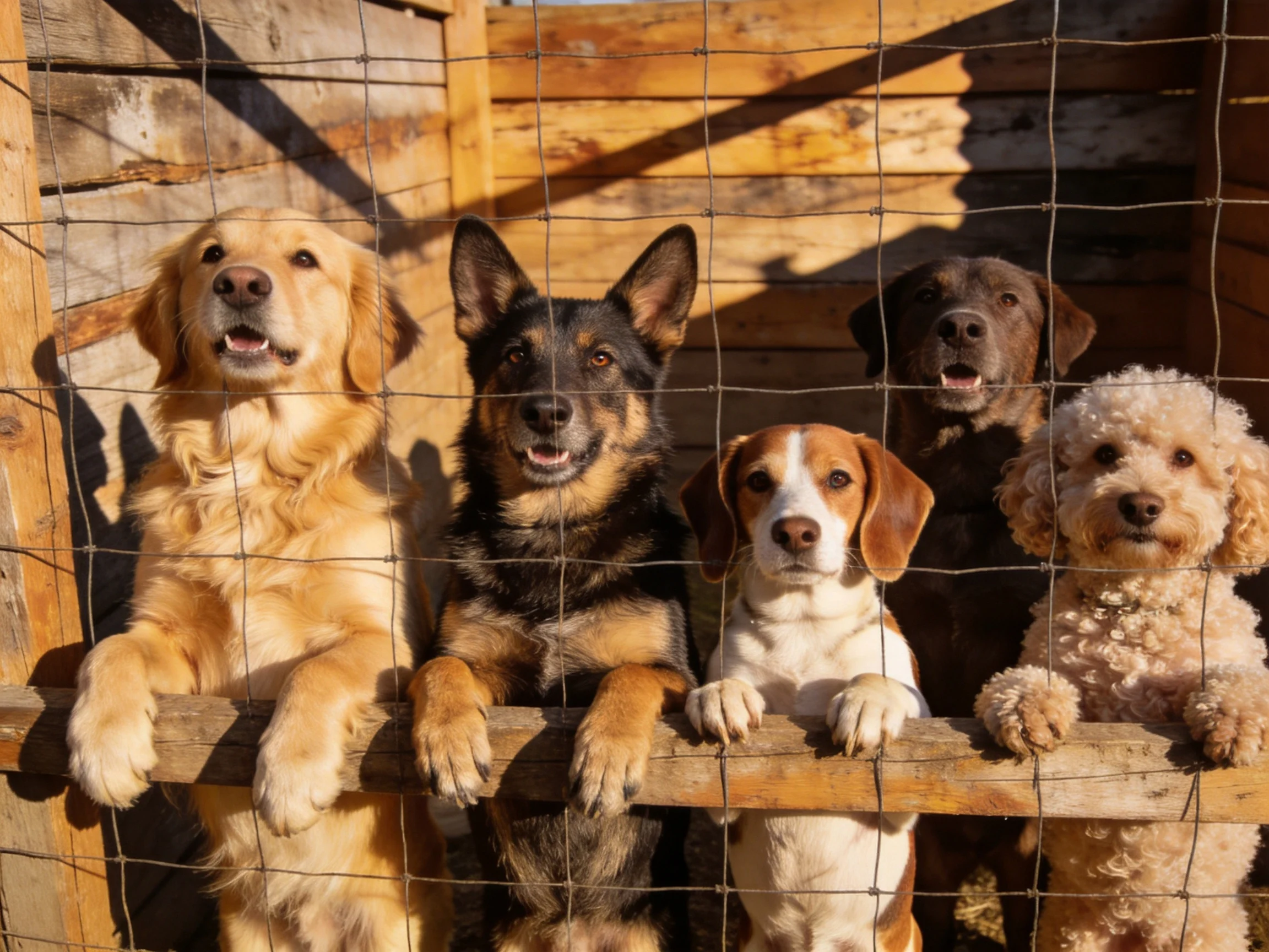 Five dogs of diverse breeds behind a wire fence in wooden enclosure