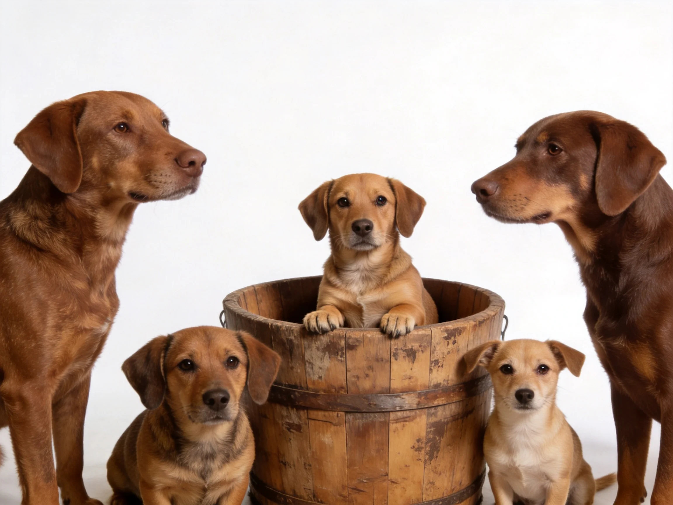 Five dogs of diverse sizes and earthy colors gather around a wooden barrel